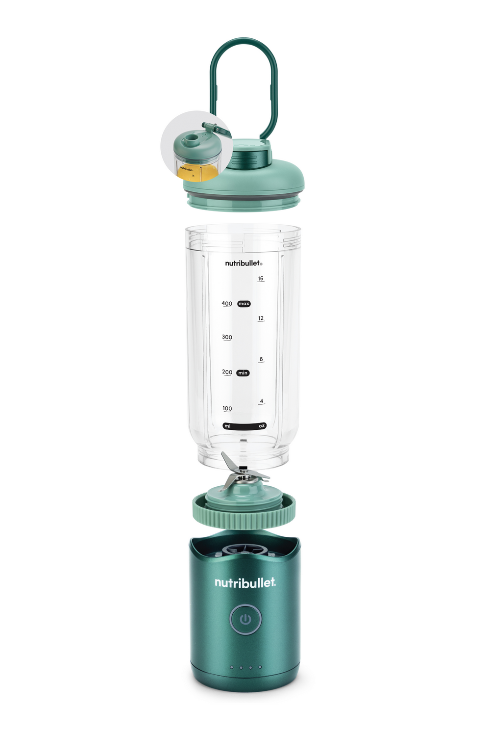 Vista explosionada de licuadora Nutribullet verde: vaso, cuchillas y base.