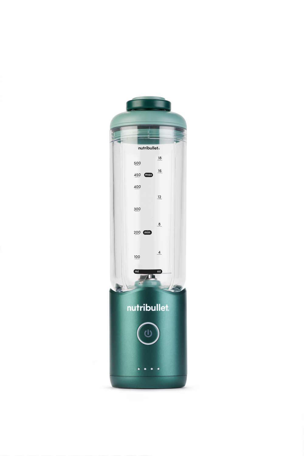 Una licuadora Nutribullet verde esmeralda con marcas de medición sobre fondo blanco.