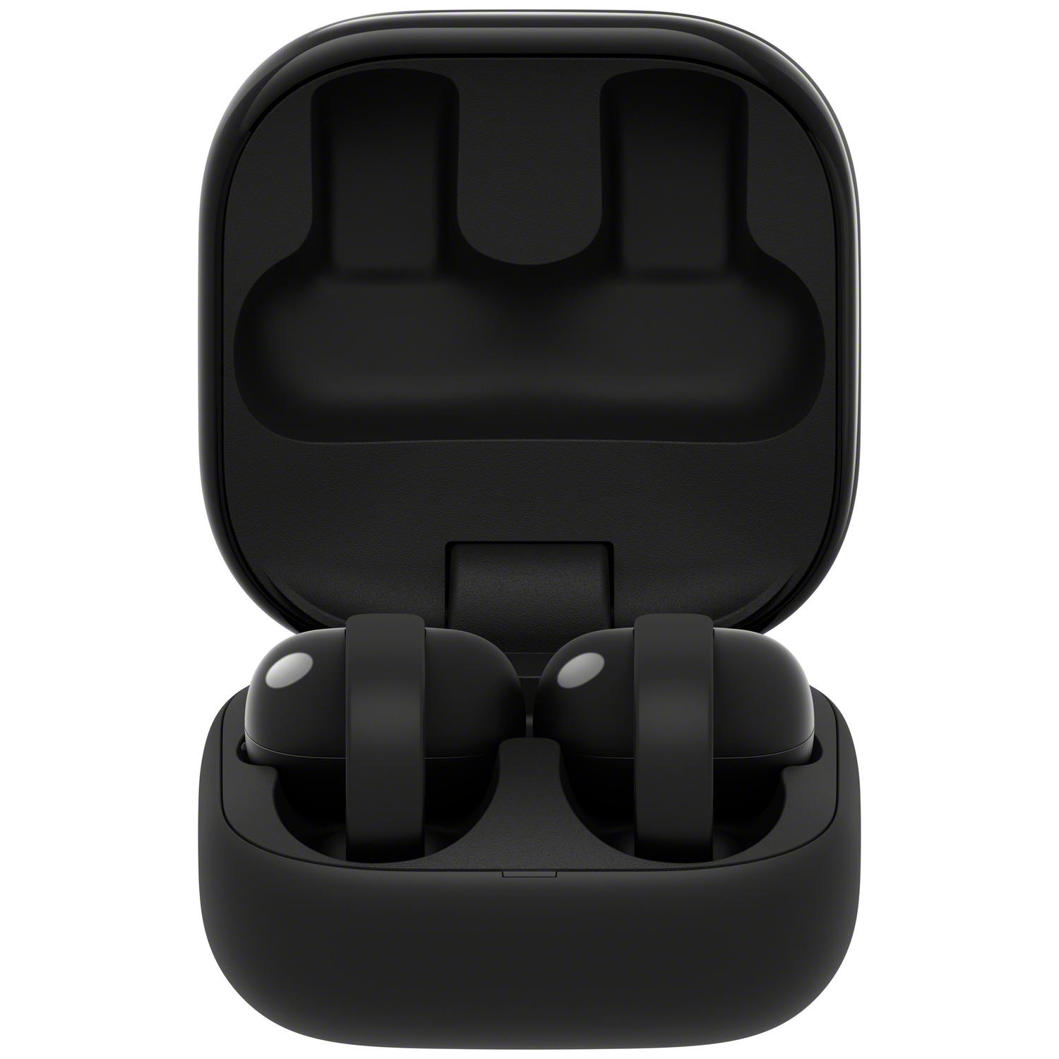 A black pair of wireless earbuds inside an open charging case.