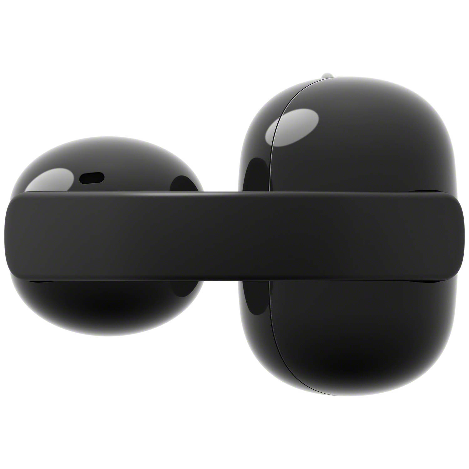 Two glossy black earbuds with a flat charging case.