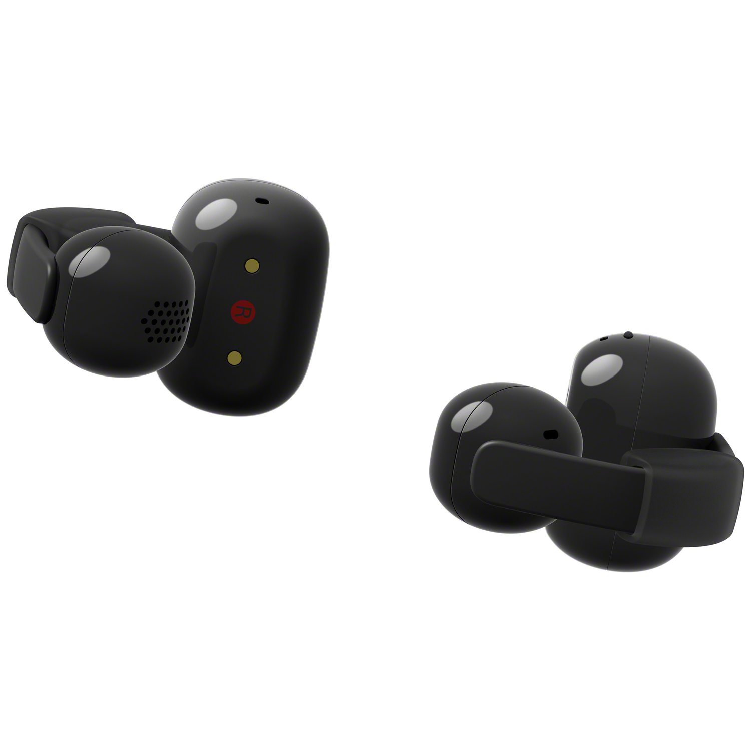 Two black wireless earbuds shown on a white background.