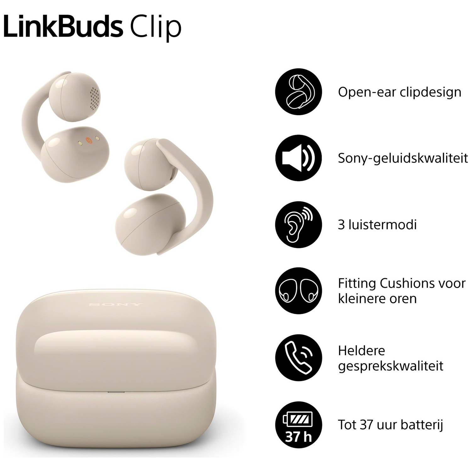 LinkBuds Clip: Oordopjes met clip, oplaadcase en kenmerken.