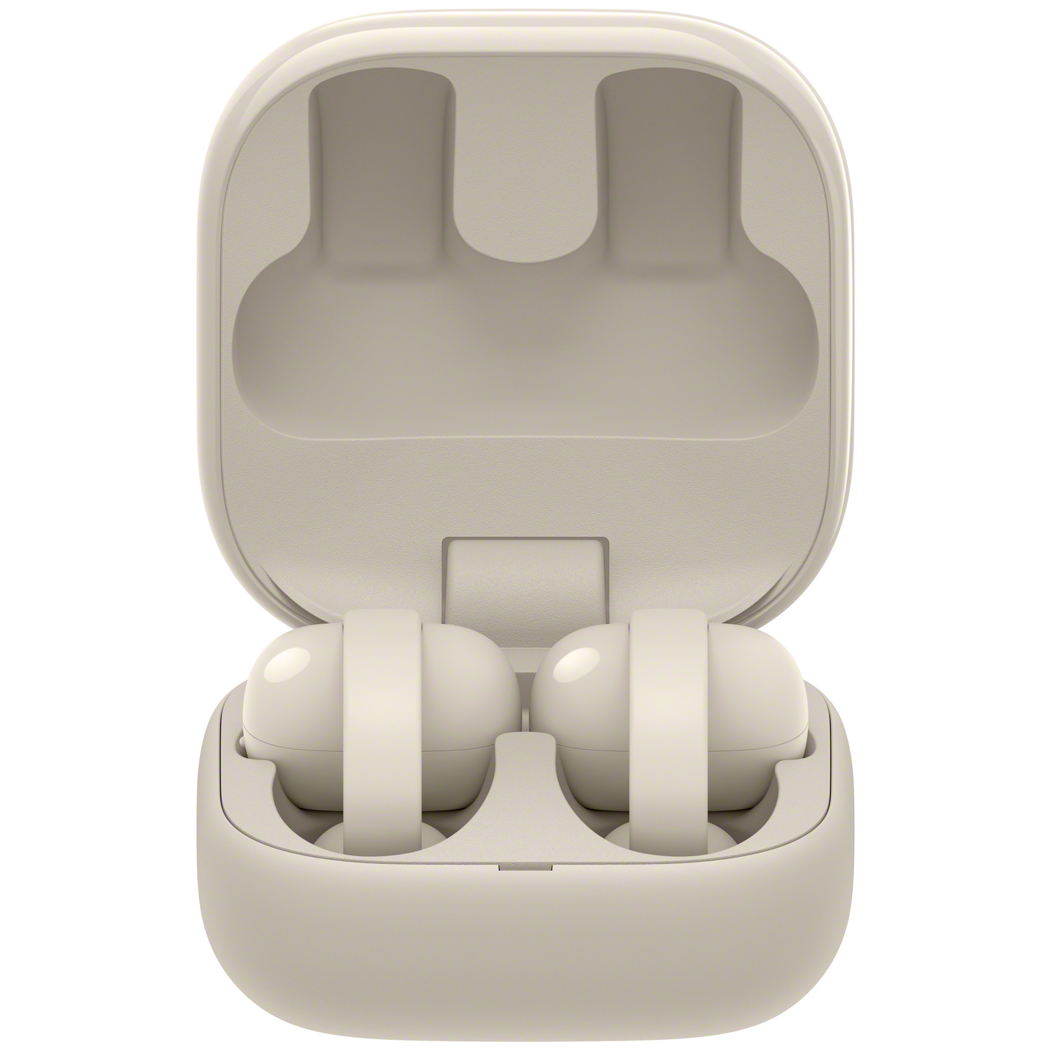 Een open, licht beige hoesje met twee witte oordopjes erin.