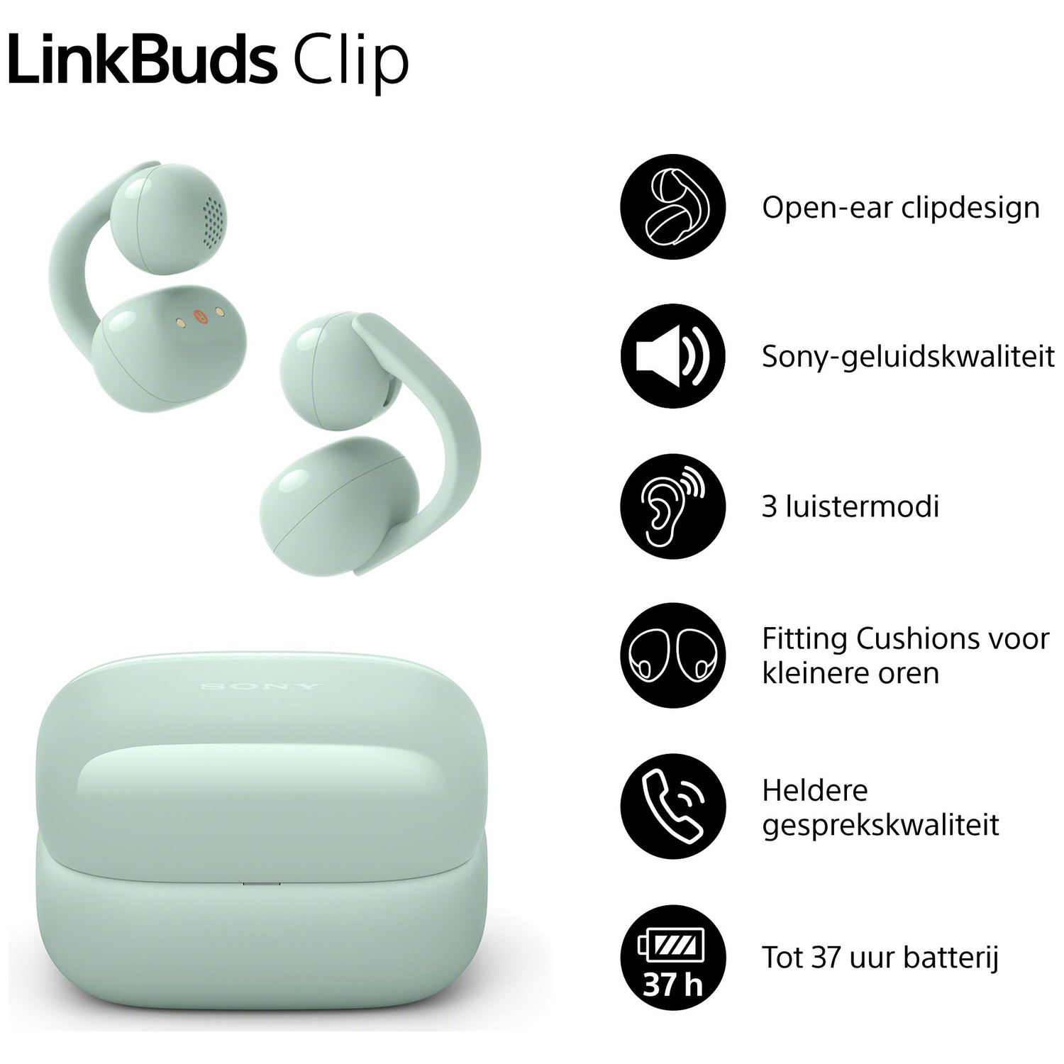 LinkBuds Clip: Light green earbuds with charging case, features listed.