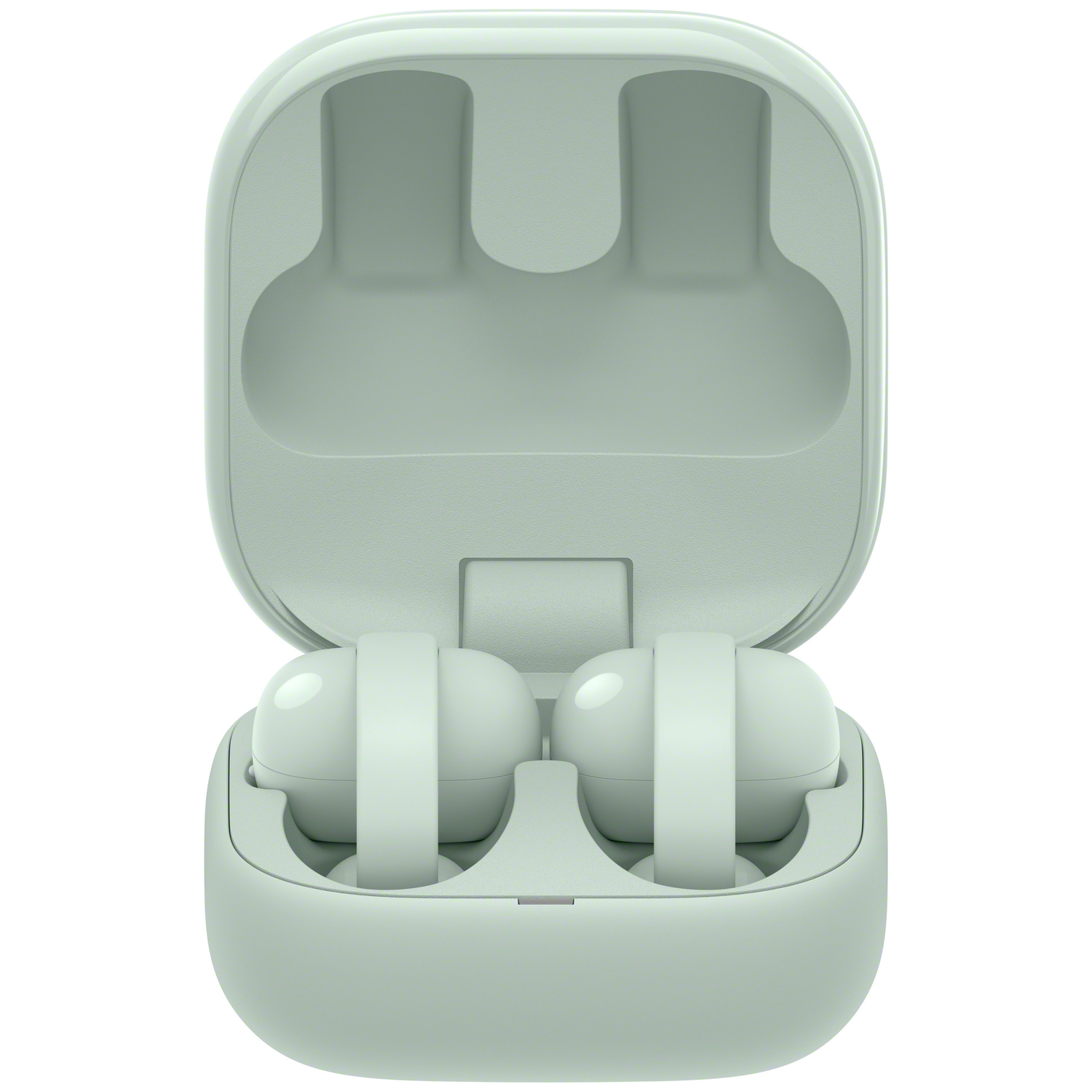 A light green charging case for wireless earbuds, with the lid open.