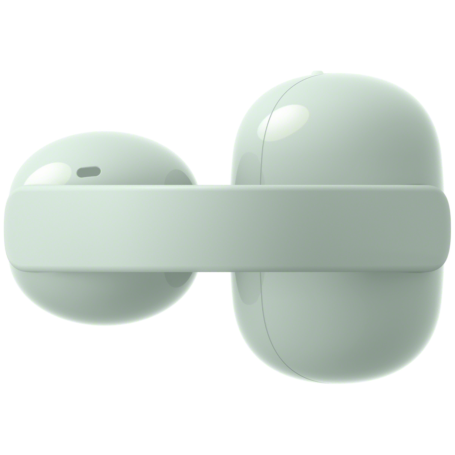 Two light green wireless earbuds with a charging case.