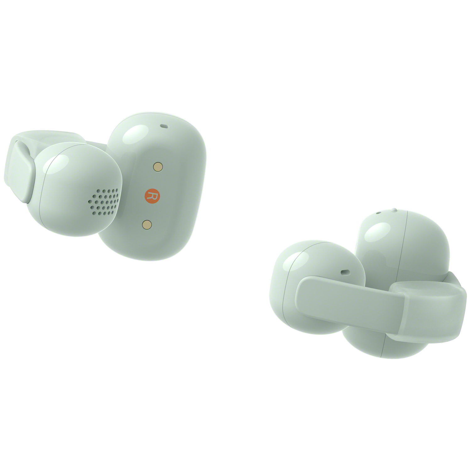 Two light green wireless earbuds on white. One has an 'R' symbol.