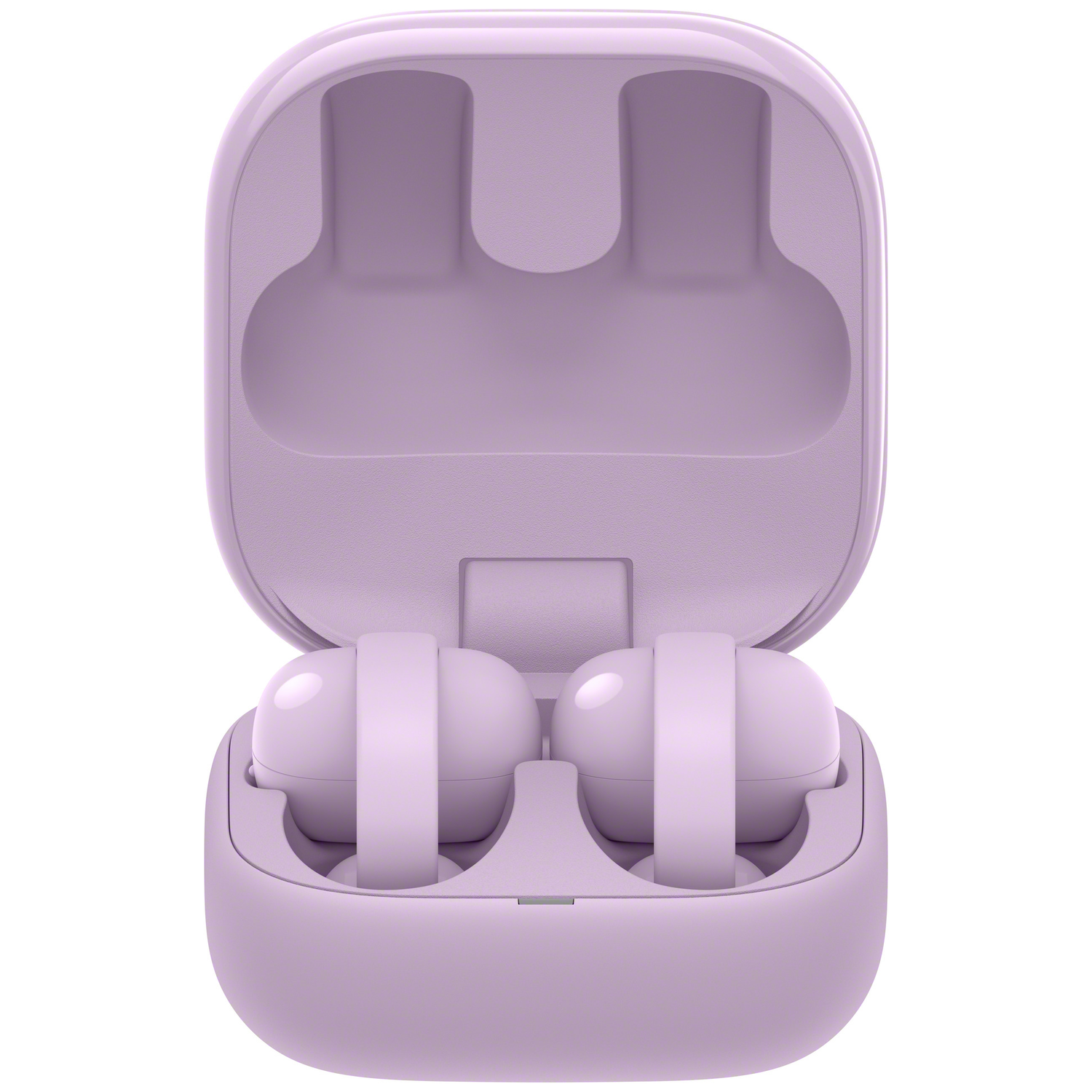 Purple earbuds with charging case, open. Two earbuds are in the case.