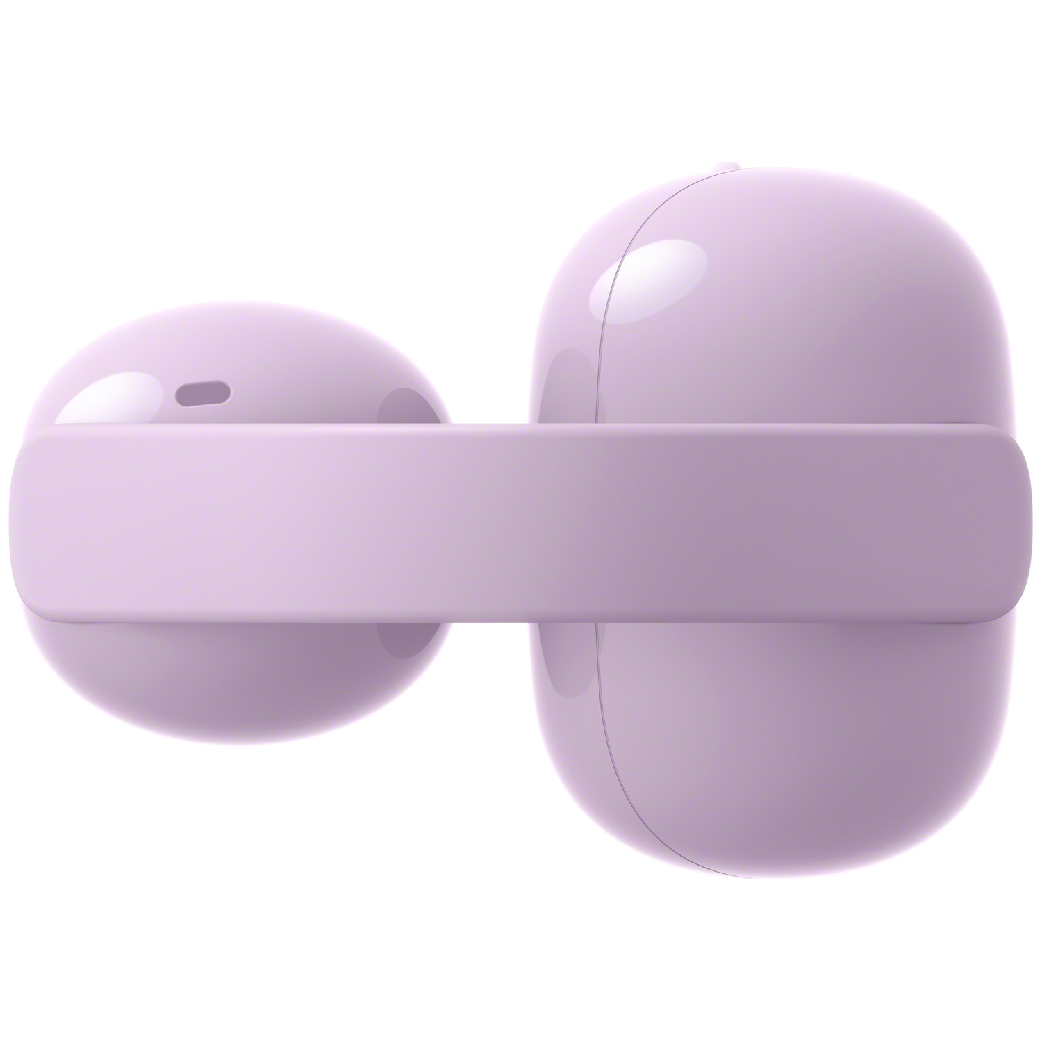 A pair of lavender wireless earbuds with charging case, set against a white background.