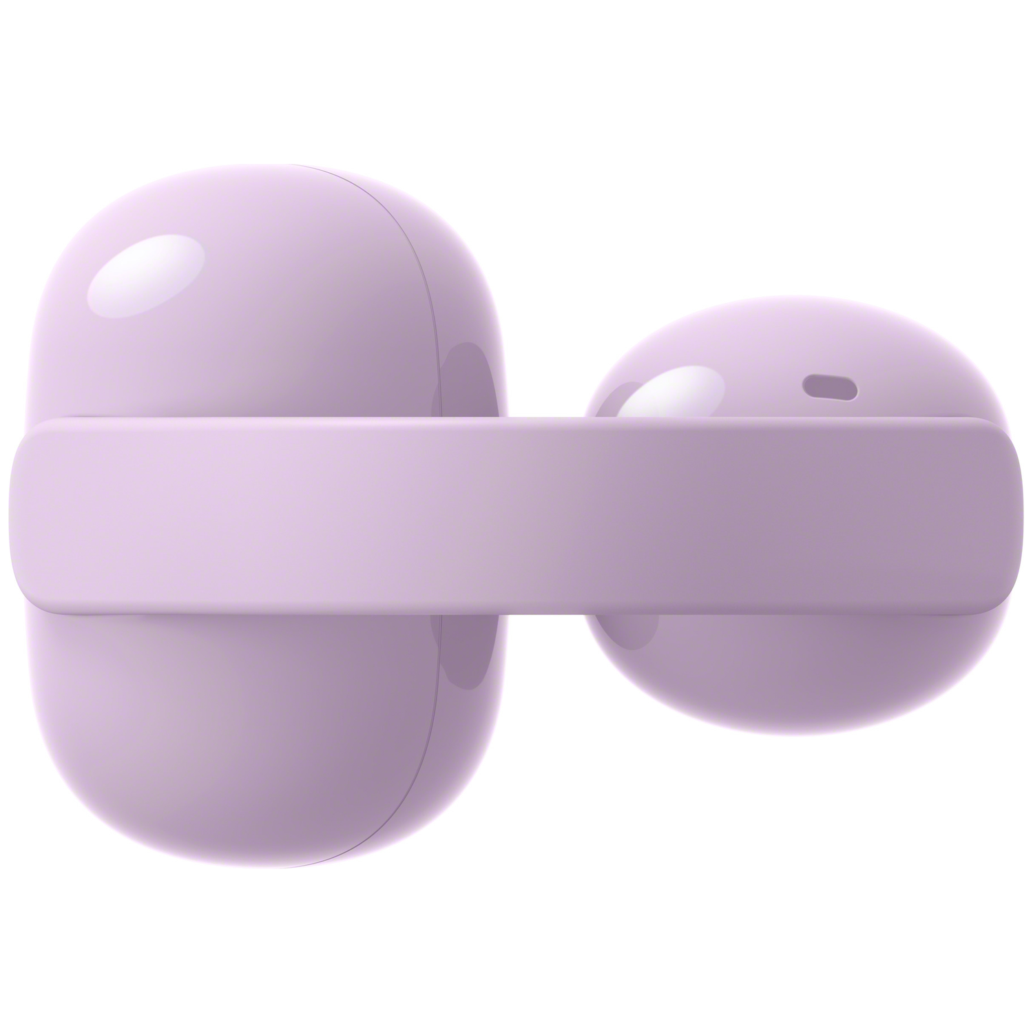 Two purple earbuds with a flat band between them on a white background.