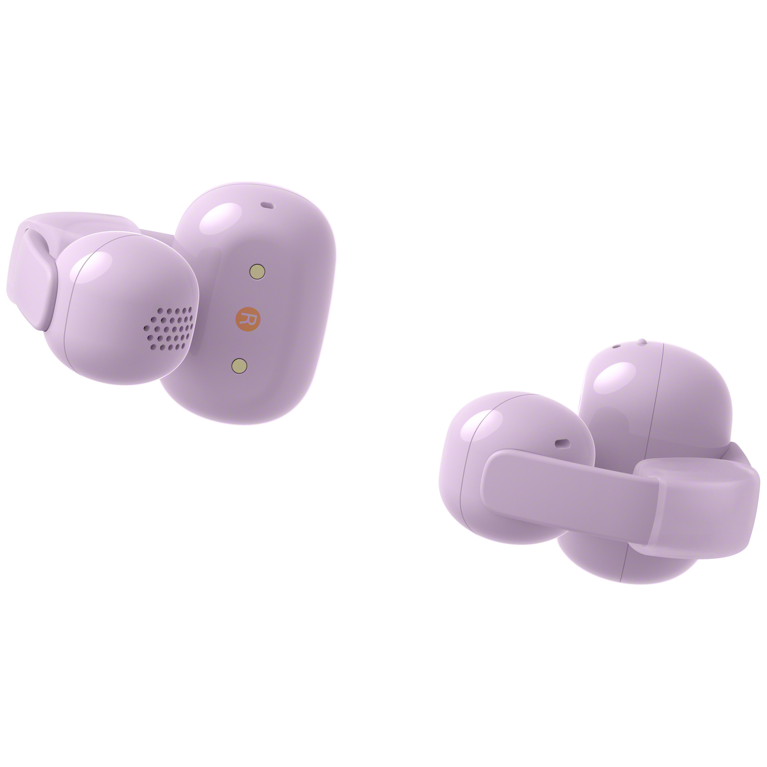 Two lavender wireless earbuds with charging port on a white background.