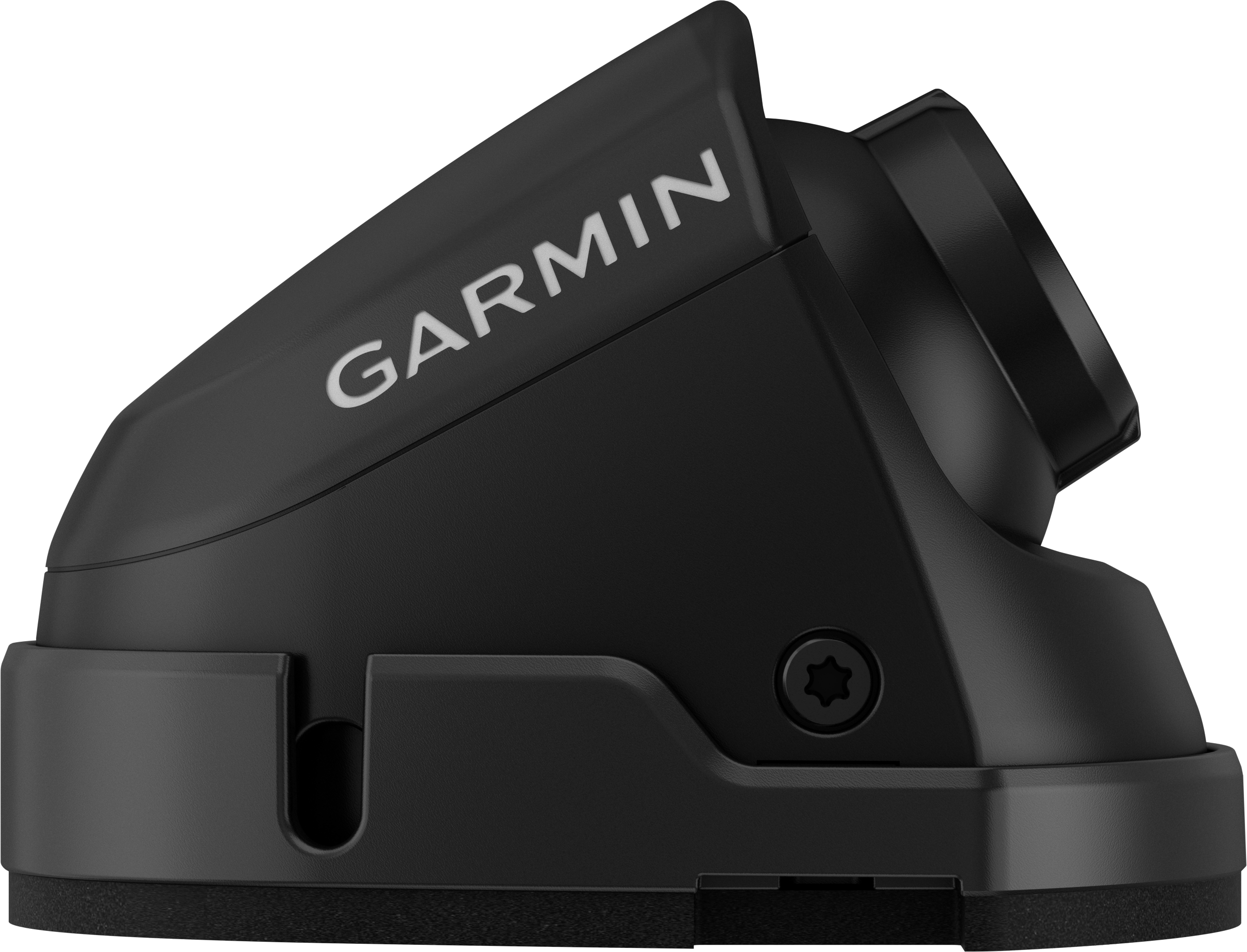 Attacco di montaggio Garmin nero con logo argentato, su sfondo nero.