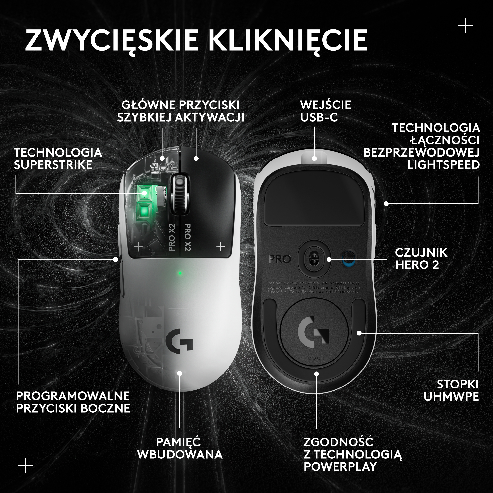 Pokazuje białą i czarną mysz gamingową z etykietami wskazującymi różne funkcje.