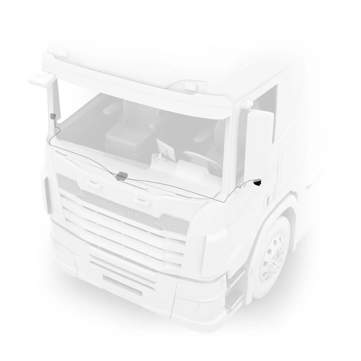 Cavi della telecamera sulla cabina di un camion bianco, punti di attacco visibili.