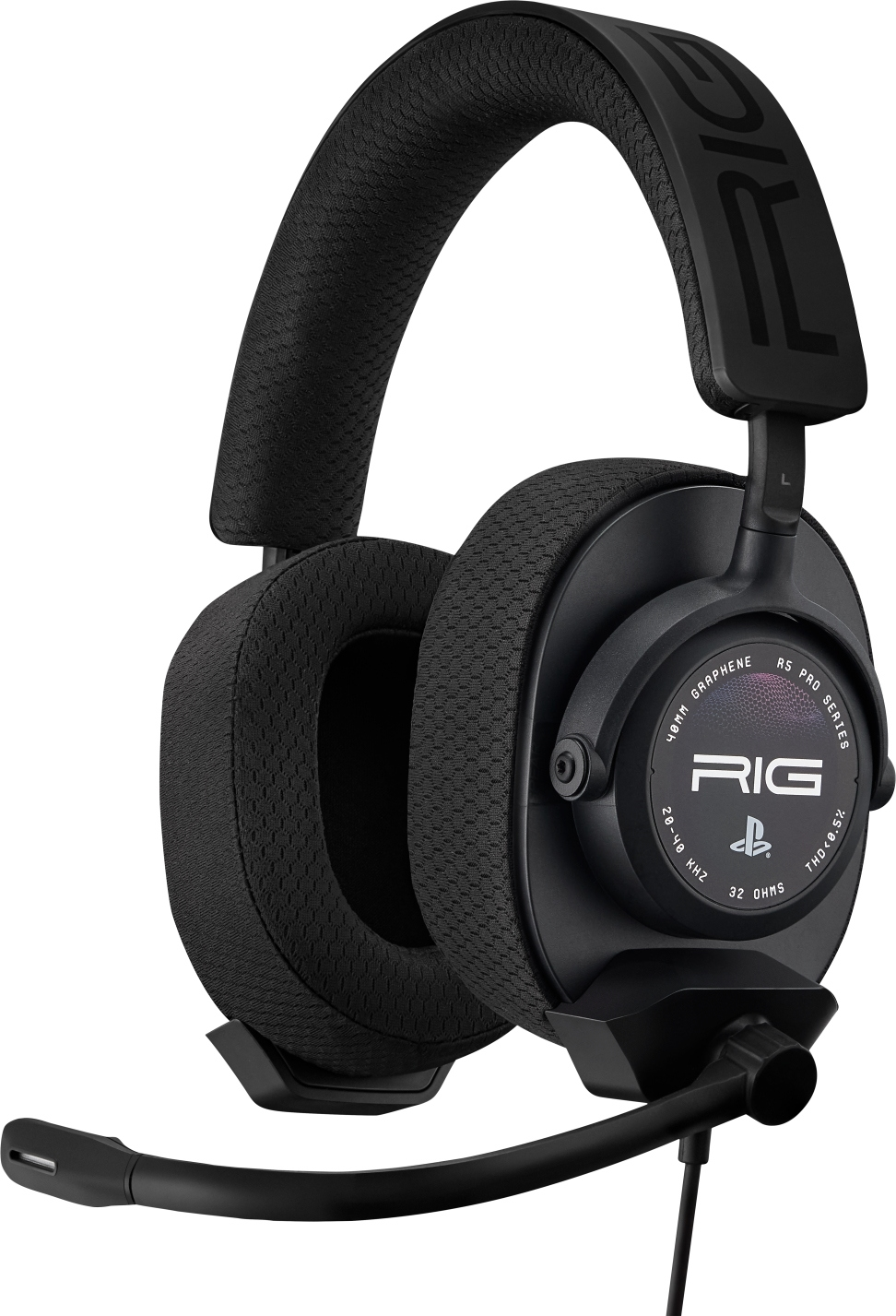 Cuffie da gaming RIG R5 Pro Series nere con microfono staccabile e padiglioni testurizzati.