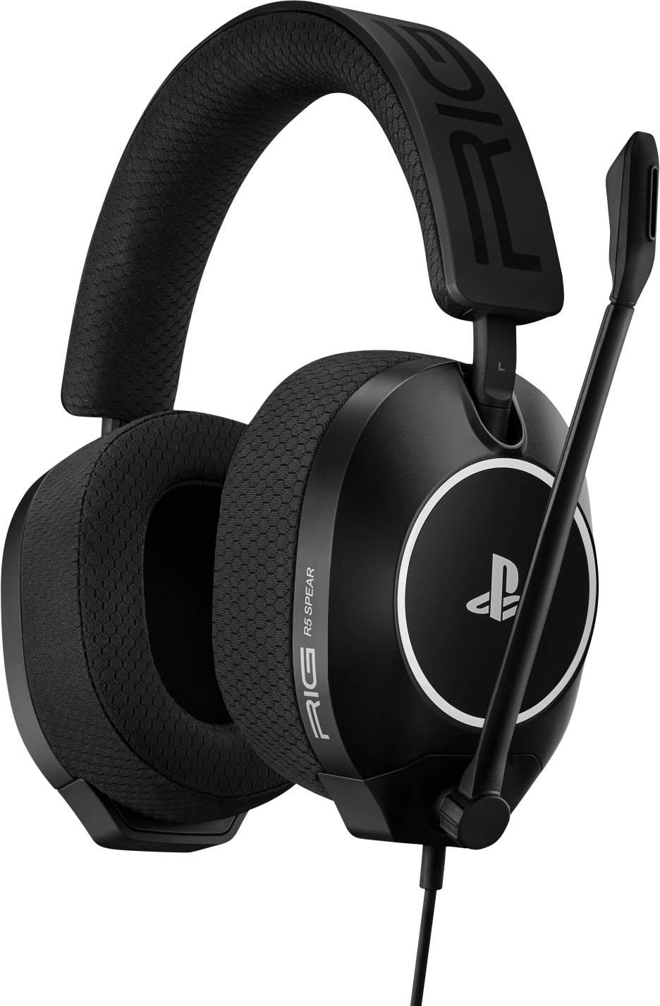 Schwarzer Gaming-Kopfhörer mit Mikrofon und PlayStation-Logo.
