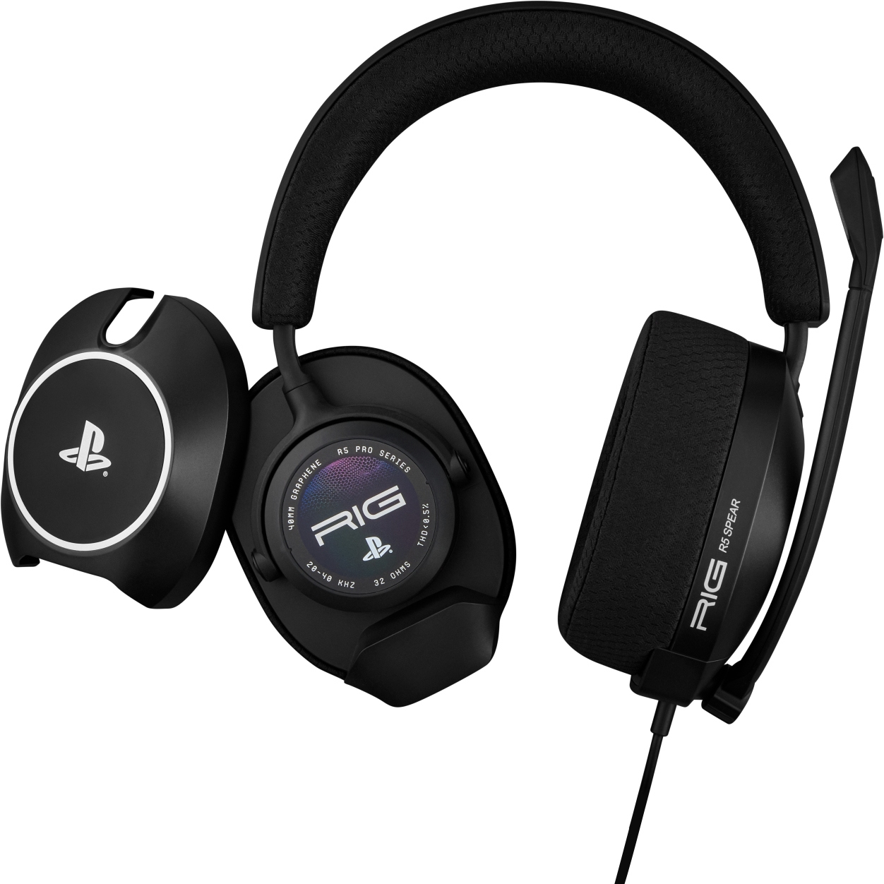 Schwarze RIG R5 SPEAR Gaming-Kopfhörer mit PlayStation-Logo und Mikrofon.