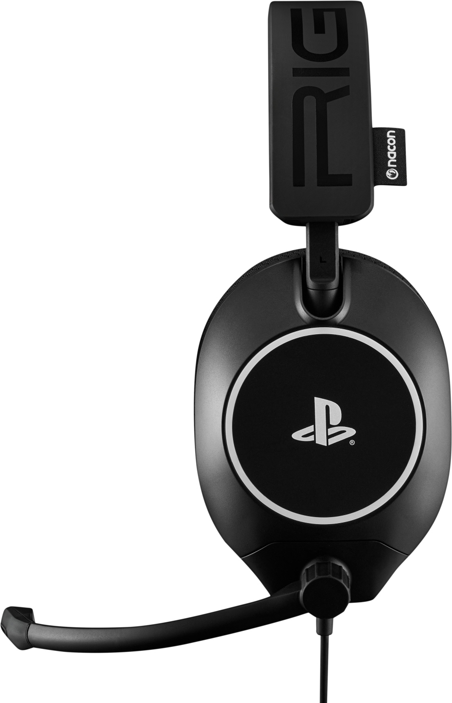 Schwarzer RIG-Kopfhörer mit PlayStation-Logo auf der Ohrmuschel und Mikrofon.