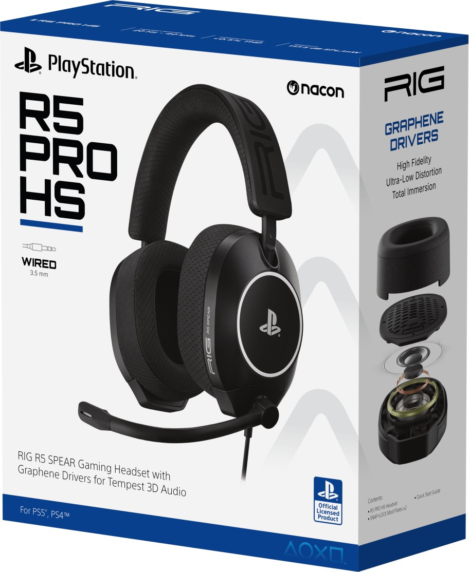 Verpackung eines schwarzen RIG R5 PRO HS Gaming-Headsets mit PlayStation-Logo.