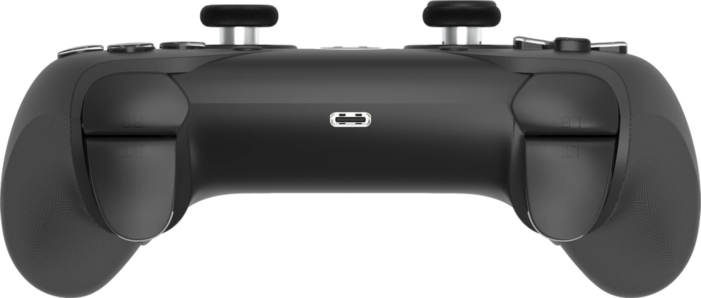 Schwarzer Controller mit zwei Joysticks, Tasten und einem USB-C-Anschluss.