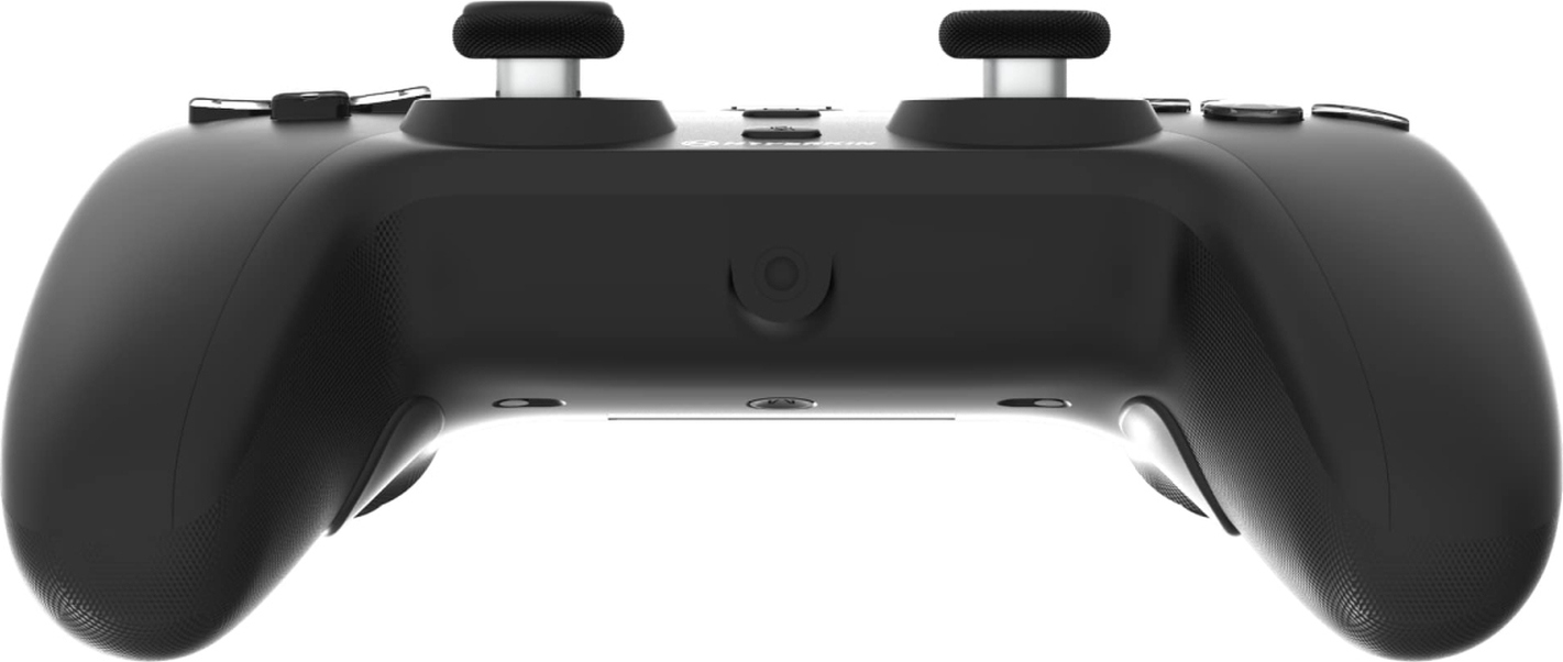 Schwarzer Gamecontroller mit zwei Joysticks, Knöpfen und texturierten Griffen.