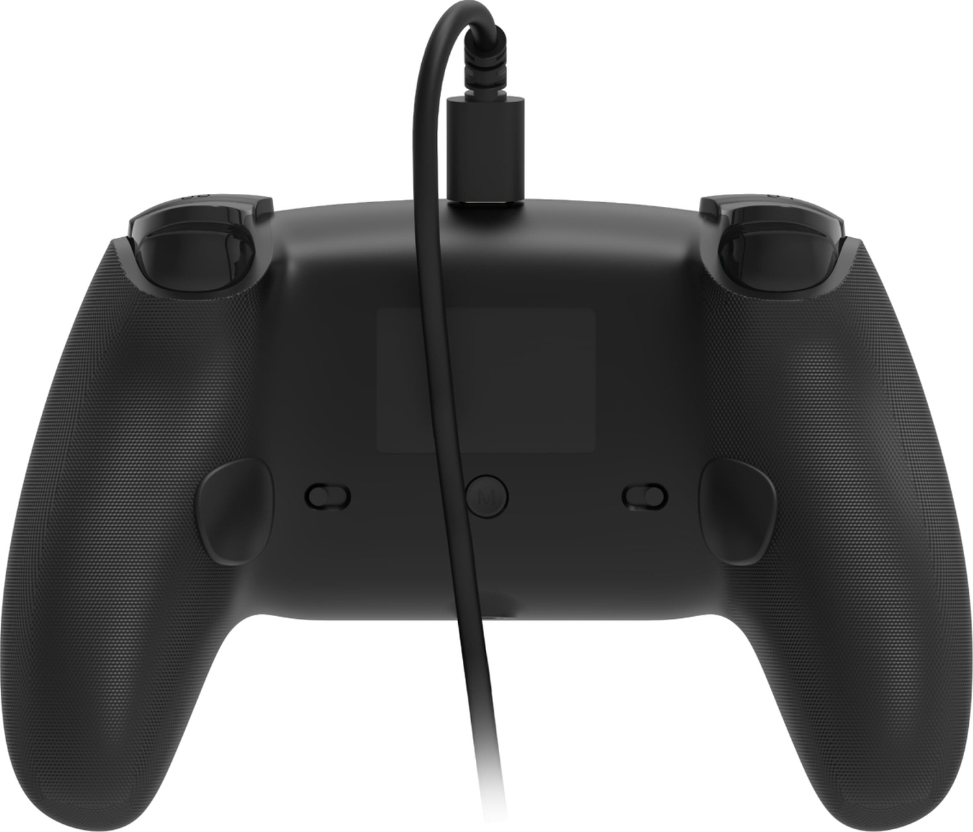 Rückseite eines schwarzen Controllers mit Kabelanschluss und Schultertasten.