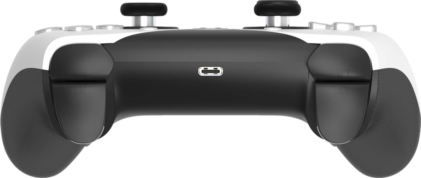 Ein weiß-schwarzer Controller mit zwei Joysticks und einem USB-C-Anschluss.