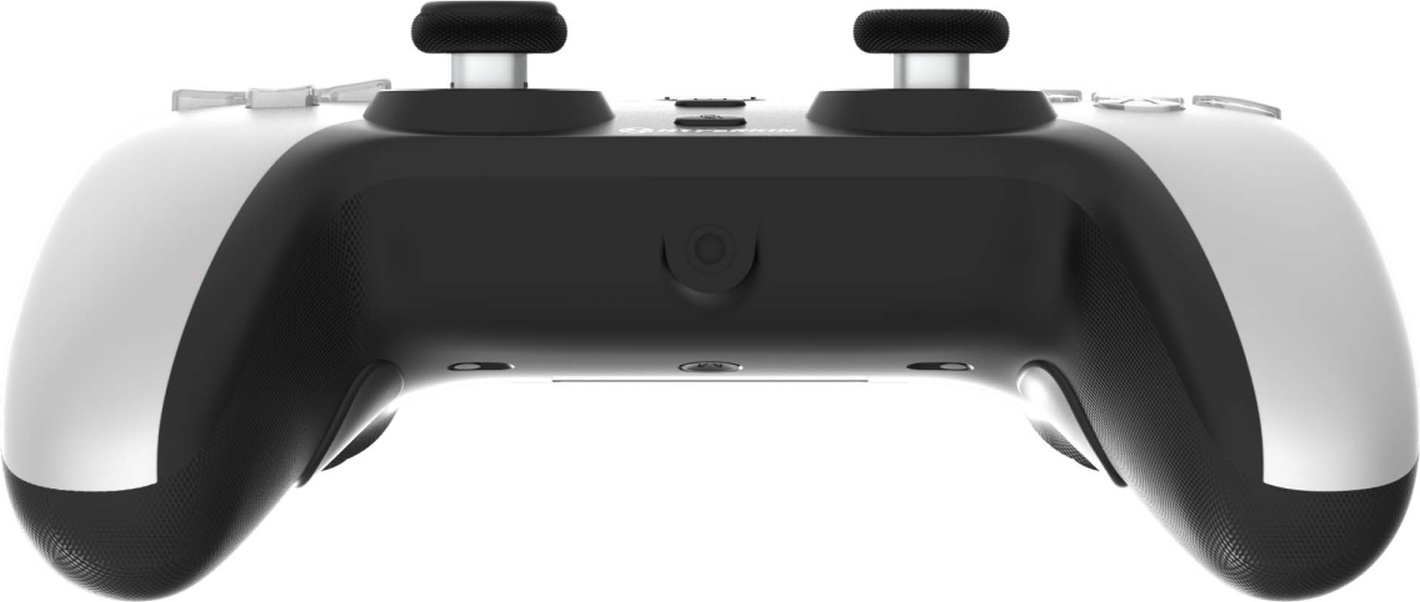 Ein weißer und schwarzer Gaming-Controller mit zwei Joysticks und Knöpfen.