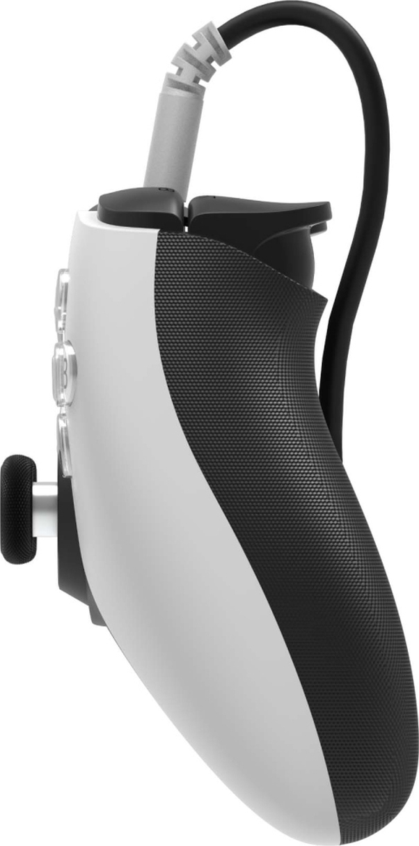 Ein weißer und schwarzer Controller mit Kabelanschluss.
