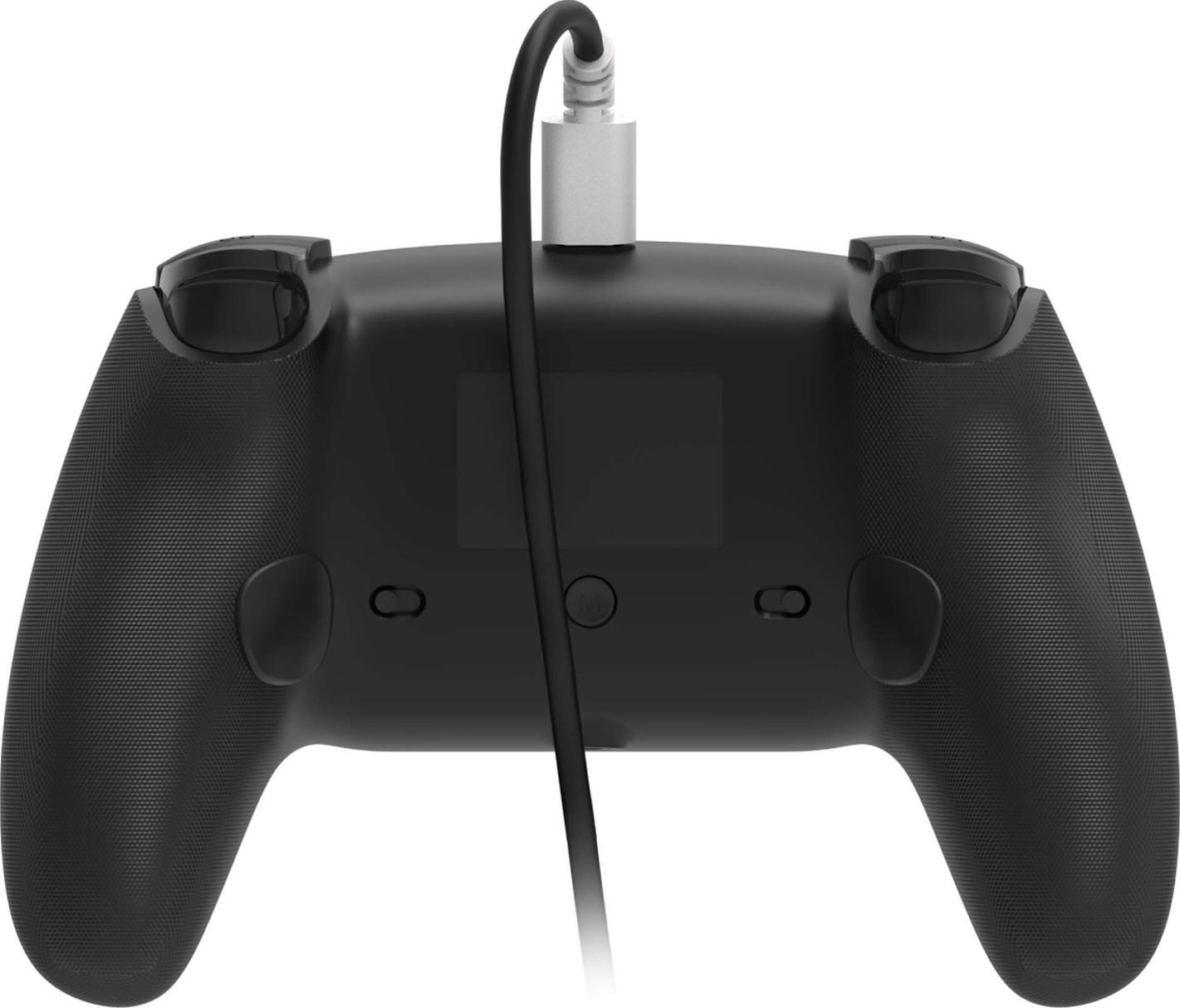Schwarzer Gamecontroller mit Kabelanschluss, weiem Stecker und einem Kabel.