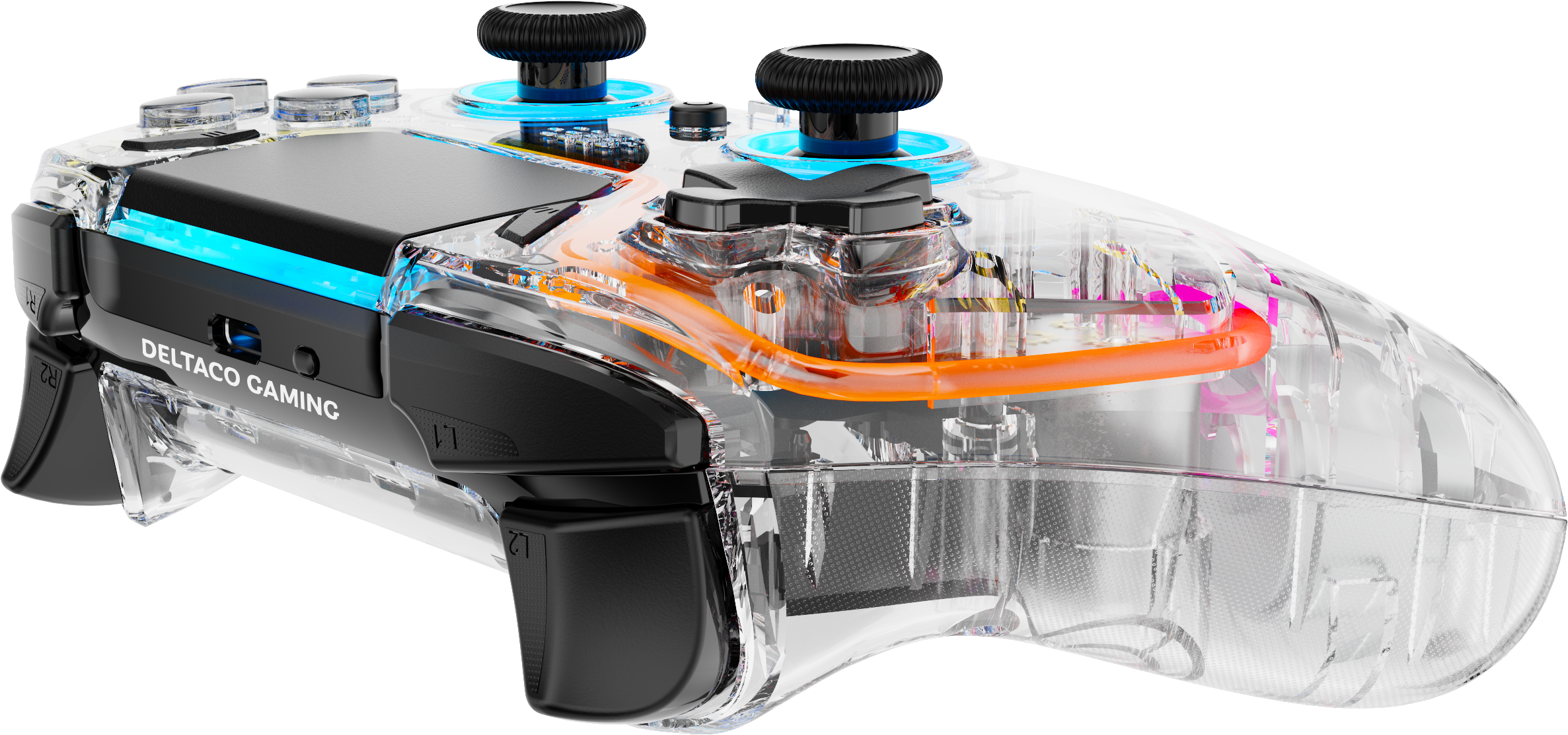 Transparenter Gaming-Controller mit blauen Lichtern und orangefarbenen Akzenten.