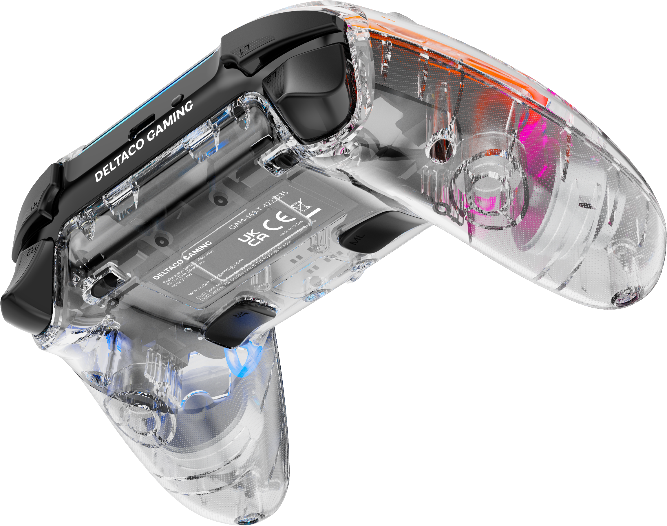 Transparenter Controller mit sichtbarer Elektronik, blauen und orangen Lichtern.