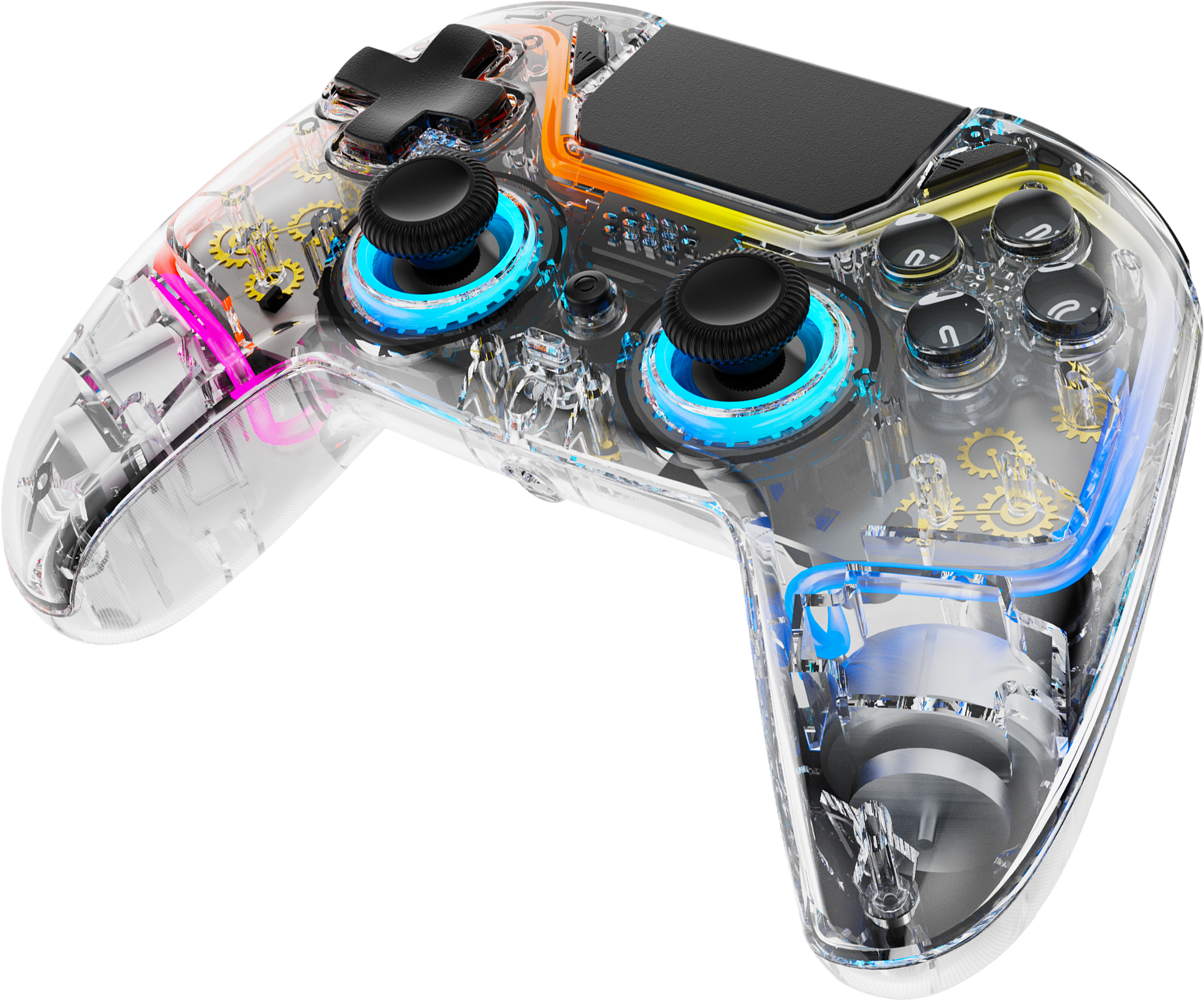 Transparenter Controller mit sichtbaren Zahnrädern und blauen/pinken Lichtern.