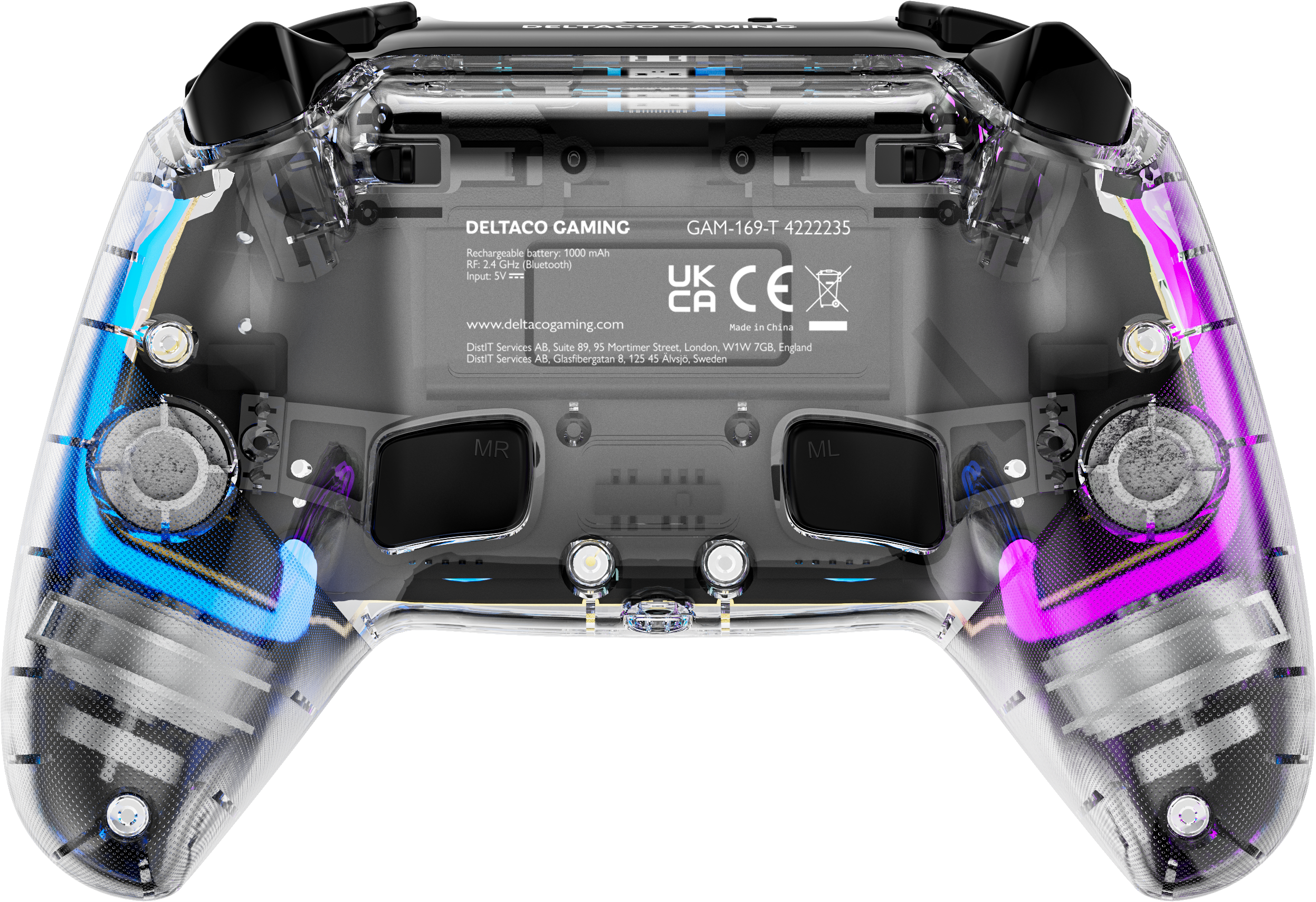 Ein transparenter Gaming-Controller mit blauen und lila Lichtern, zeigt interne Komponenten.