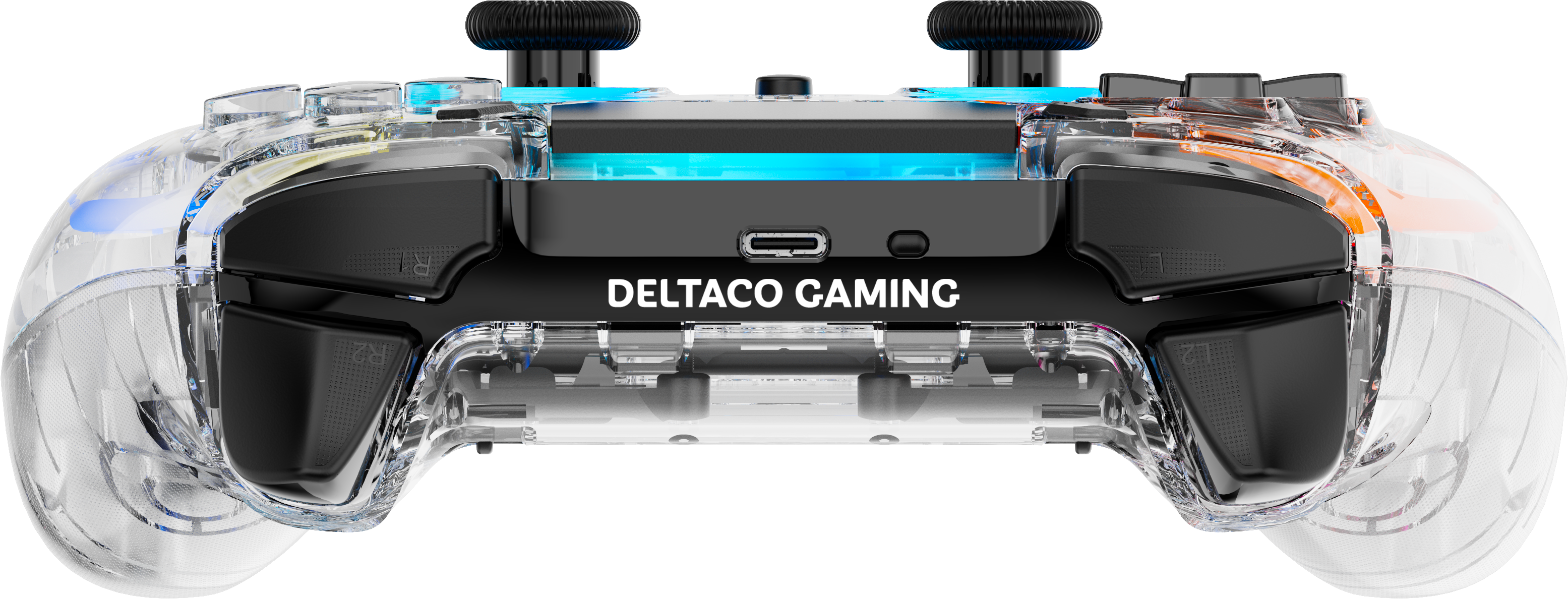 Ein durchsichtiger Controller mit blau beleuchteten Akzenten und schwarzer Mitte.