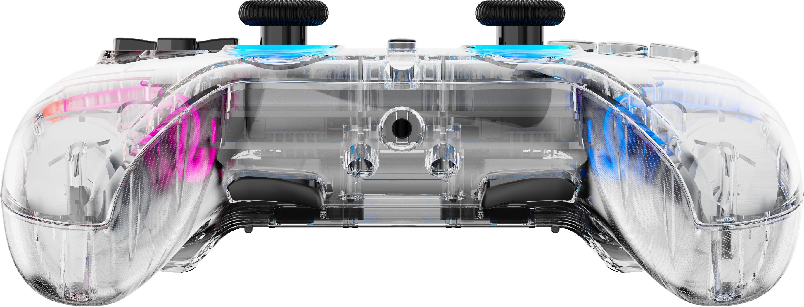 Transparenter Controller mit blauen und pinken Lichtern, schwarze Joysticks.