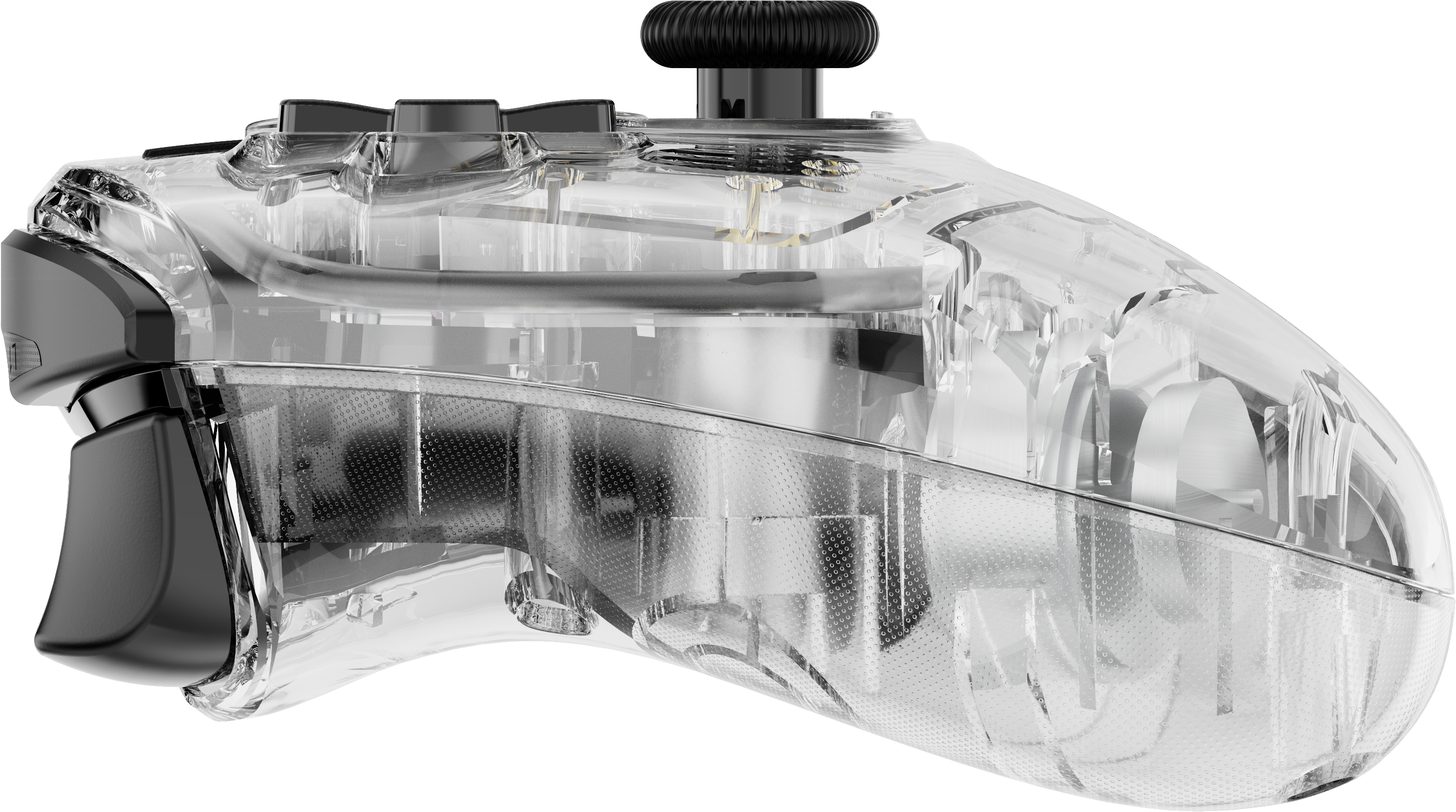 Transparenter Controller mit schwarzen Griffen und silbernen Knöpfen.