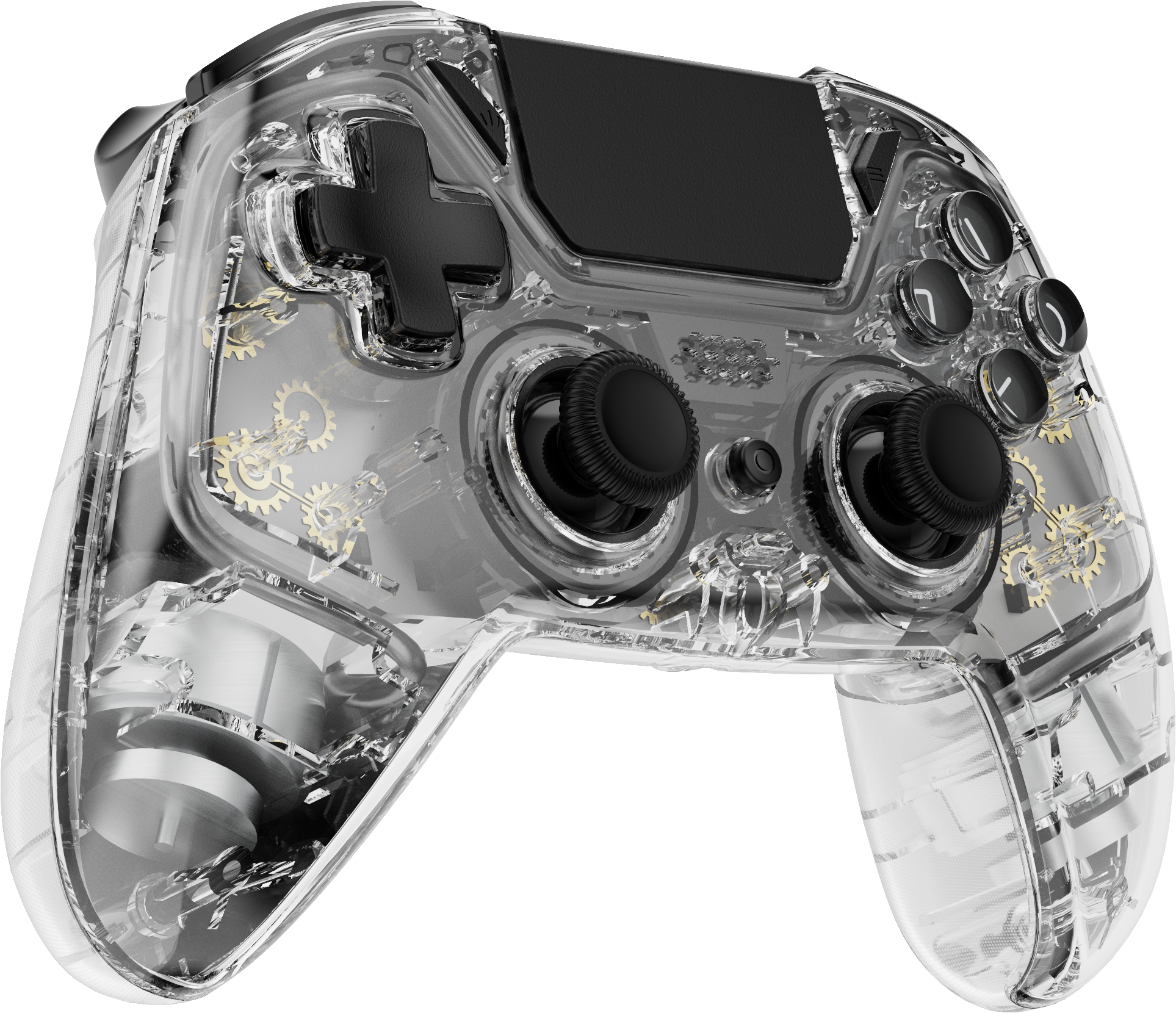 Transparenter Controller mit schwarzen Tasten und sichtbaren Zahnrädern im Inneren.