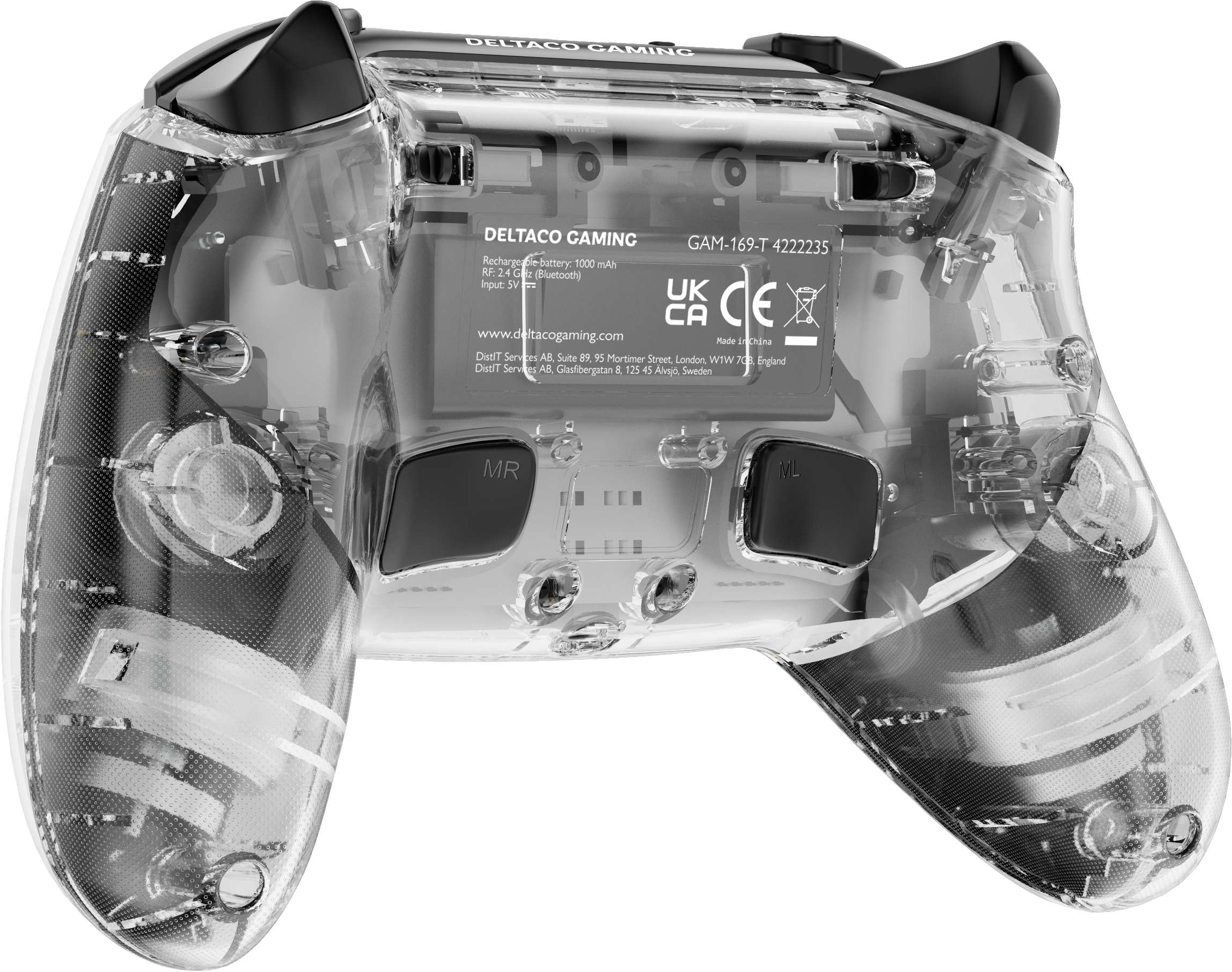 Transparenter Gaming-Controller mit sichtbaren internen Komponenten und Beschriftungen.
