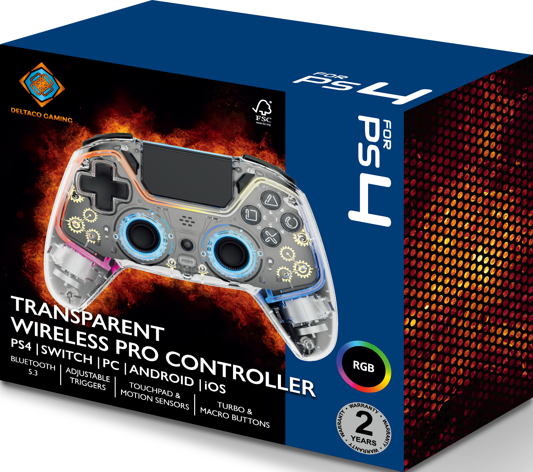 Transparenter PS4-Controller mit RGB-Beleuchtung und Zahnrad-Details.