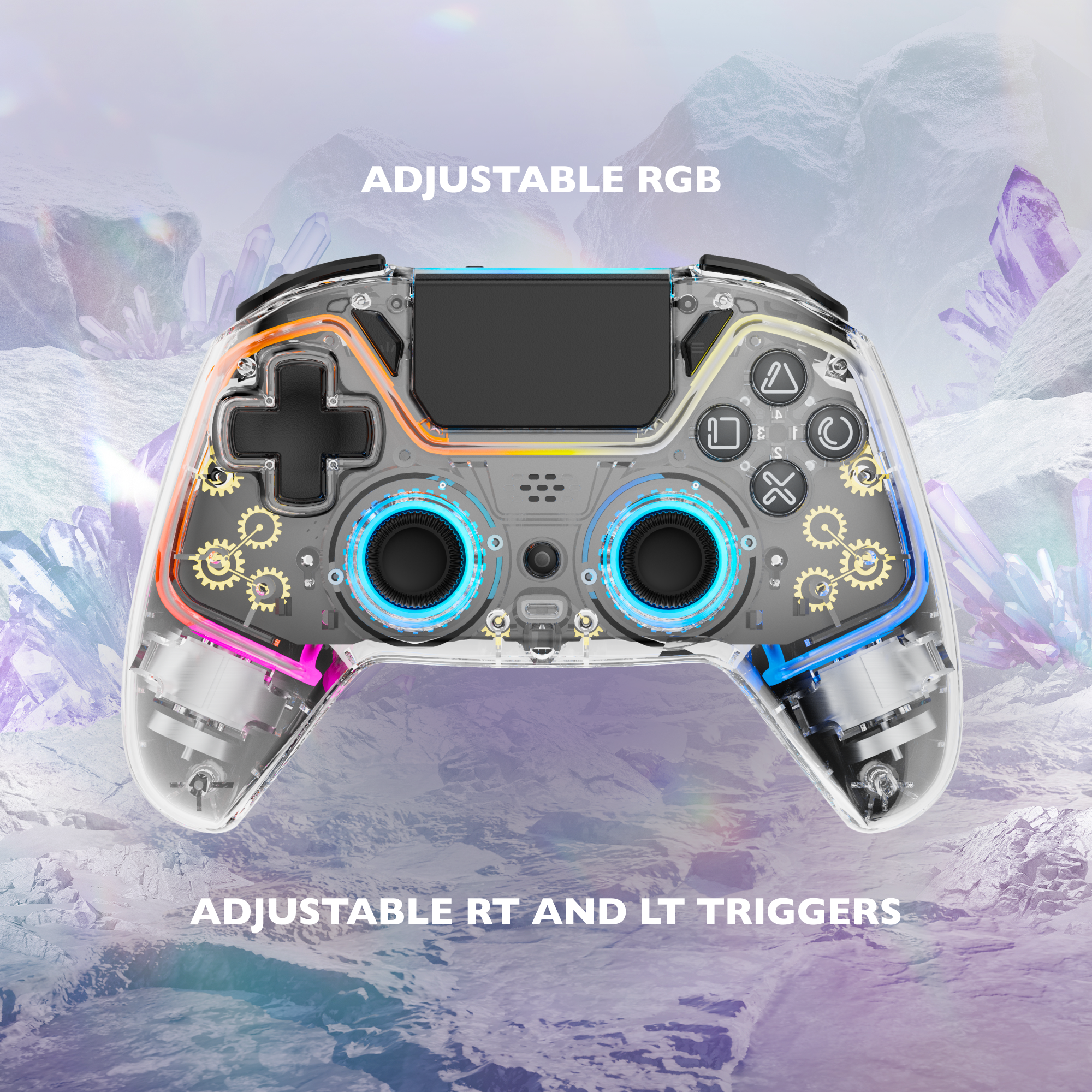Transparenter Controller mit RGB-Beleuchtung und sichtbaren Zahnrädern.