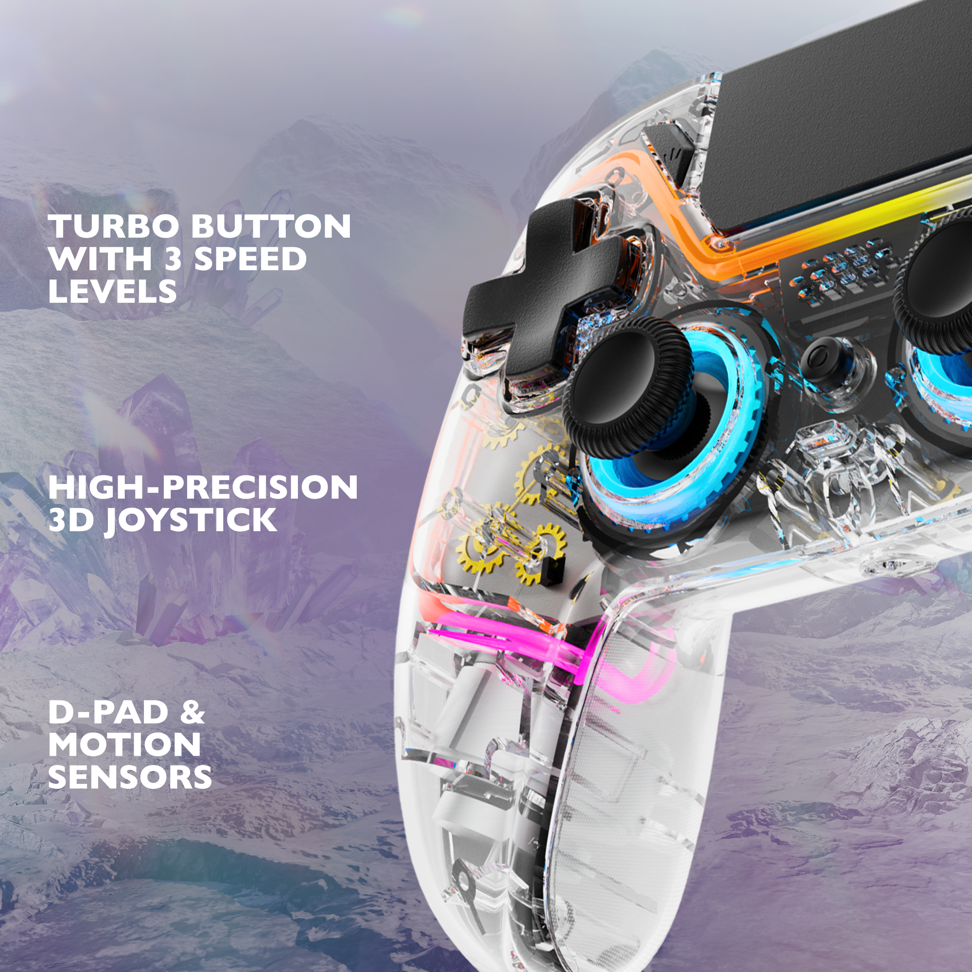 Transparenter Controller mit sichtbaren internen Komponenten, Lichteffekten und Berglandschaft.