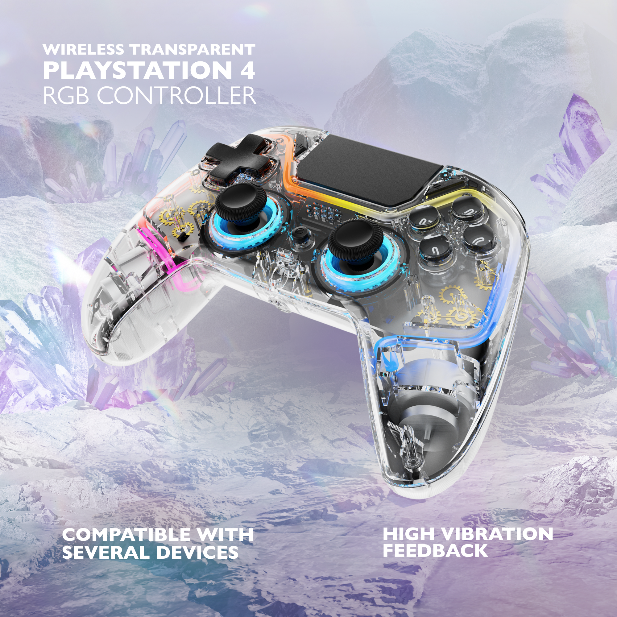 Transparenter PS4-Controller mit RGB-Beleuchtung und sichtbaren internen Komponenten.