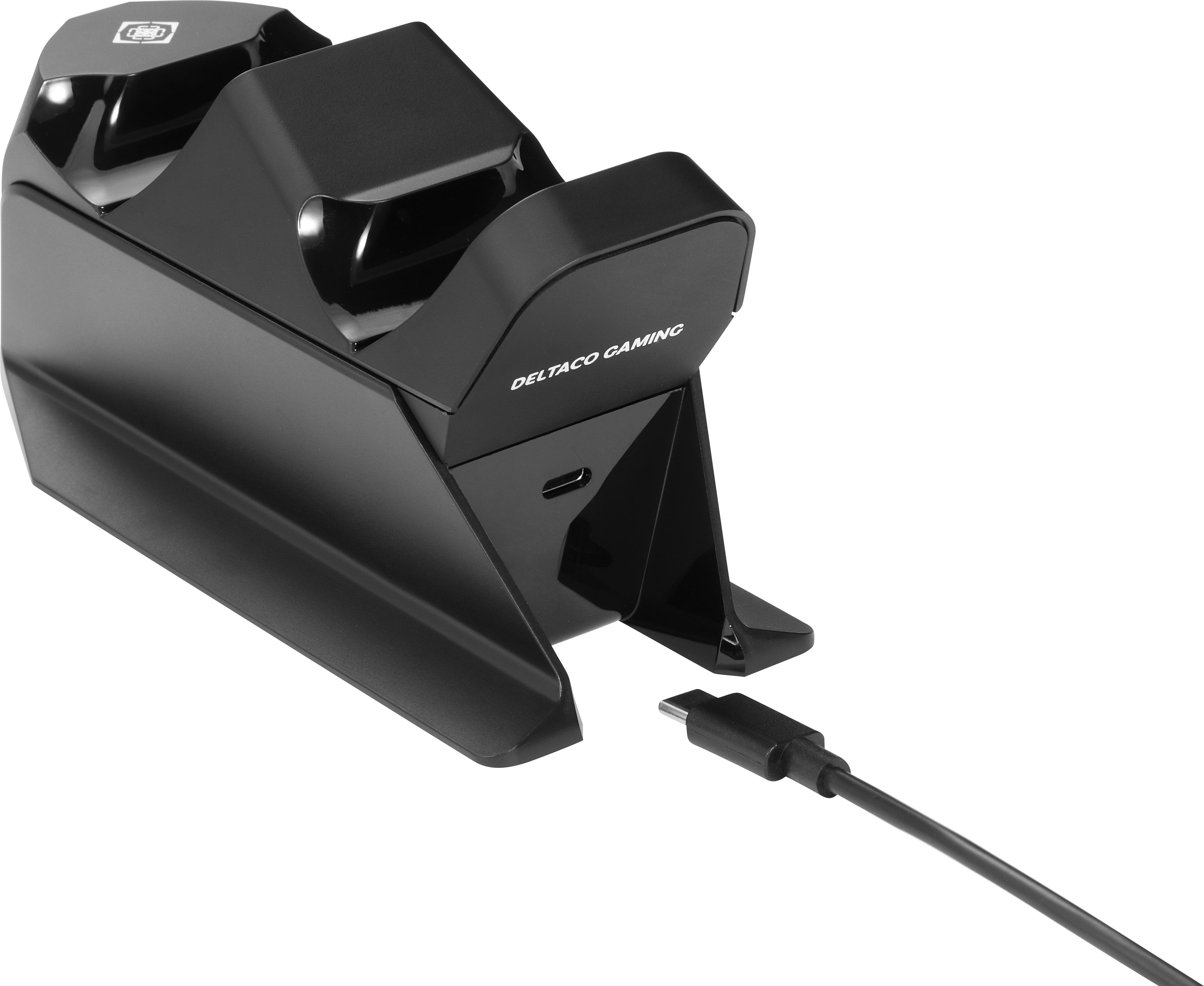 Schwarzer Controller-Ladeständer mit USB-C-Kabel, DELTACO GAMING-Logo.