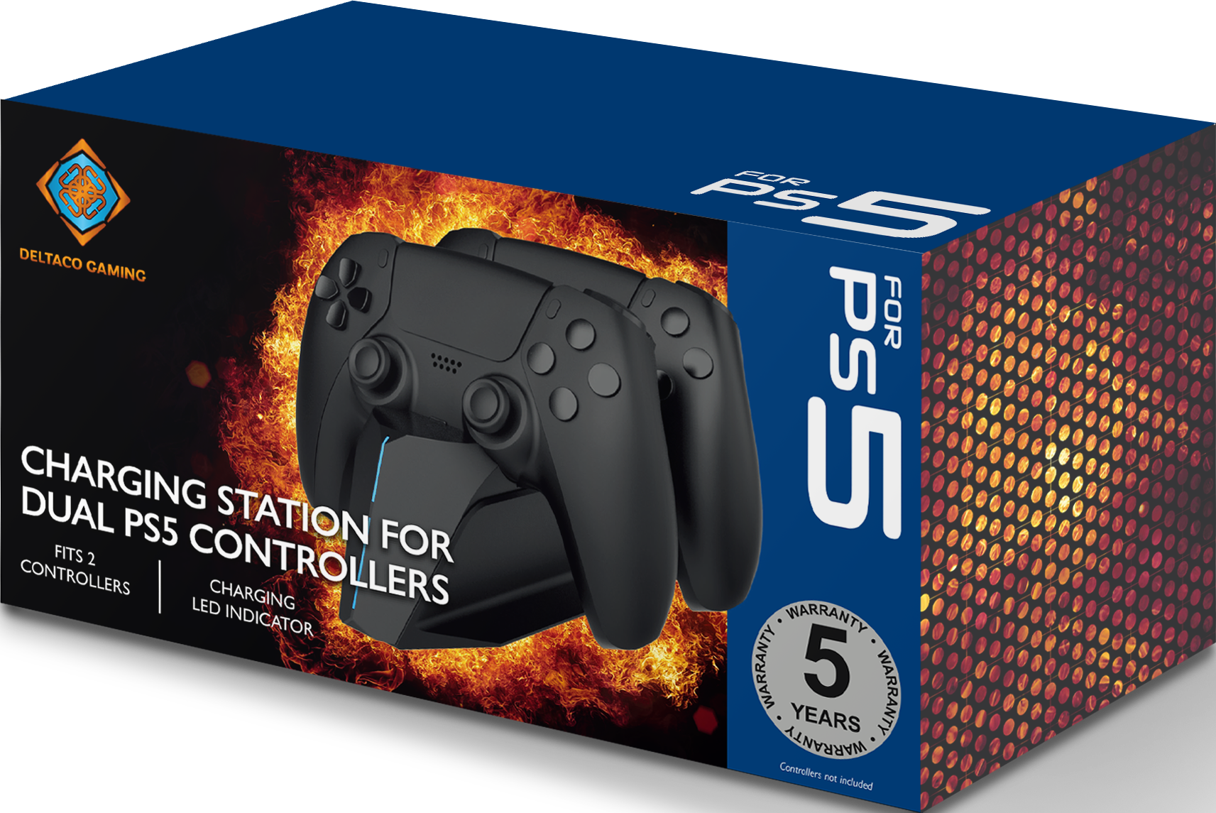 Ladestation für Dual PS5 Controller mit zwei schwarzen Controllern auf feurigem Hintergrund.