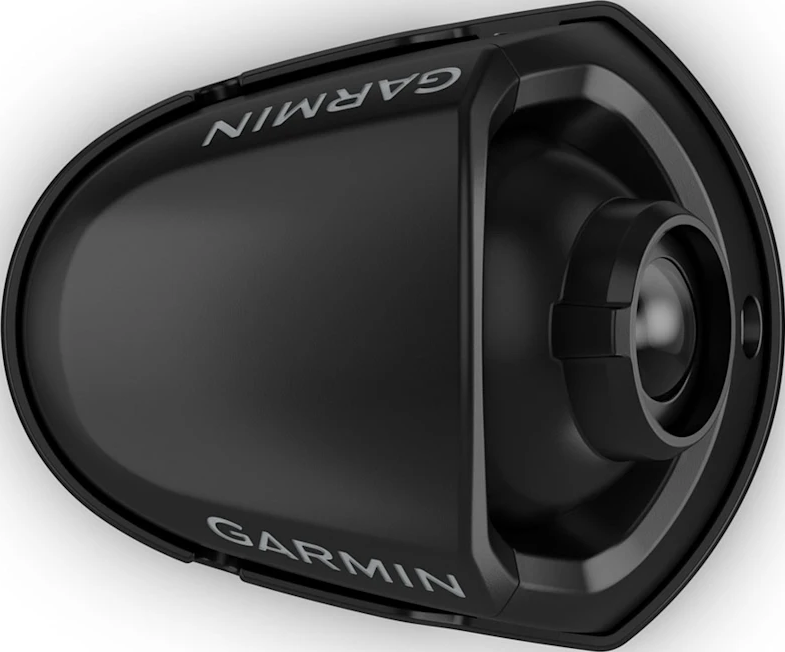 Schwarze Garmin-Kamera mit einem Objektiv und silbernem Logo auf weißem Hintergrund.