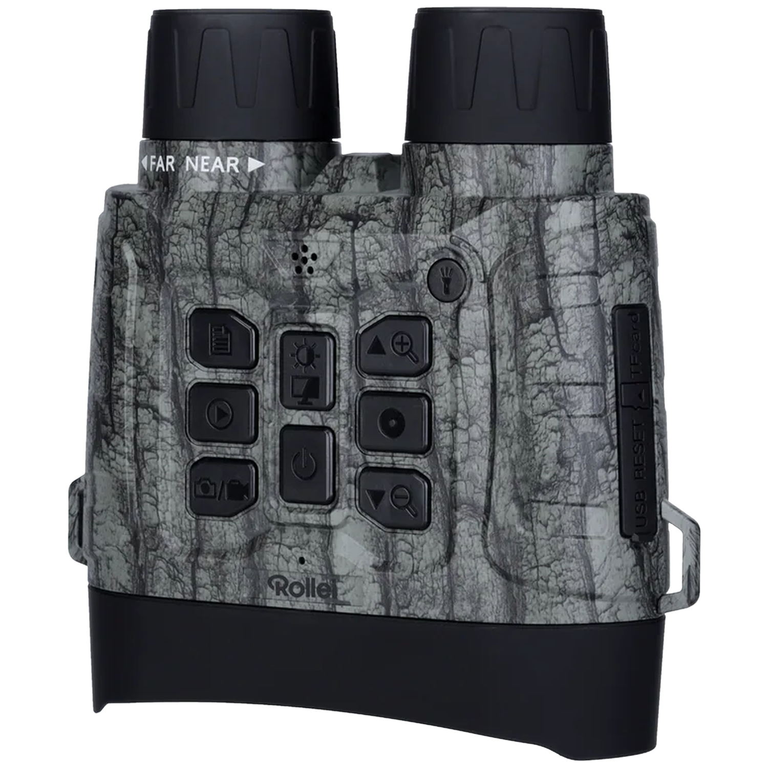 Gray camouflage binoculars with multiple buttons and a black base.