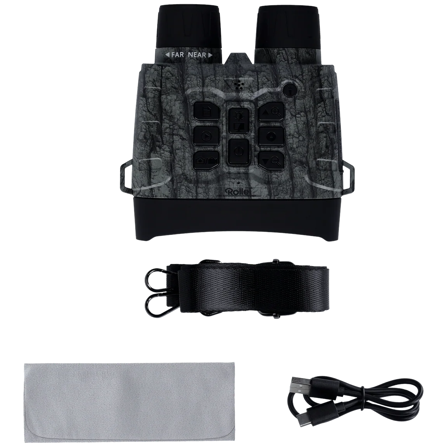 Gray binoculars with accessories: strap, cloth, and charging cable.