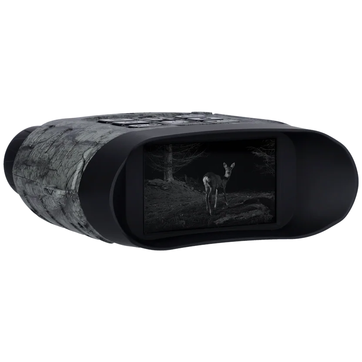 Black and white night vision image of a deer in a forest, displayed on a binocular screen.