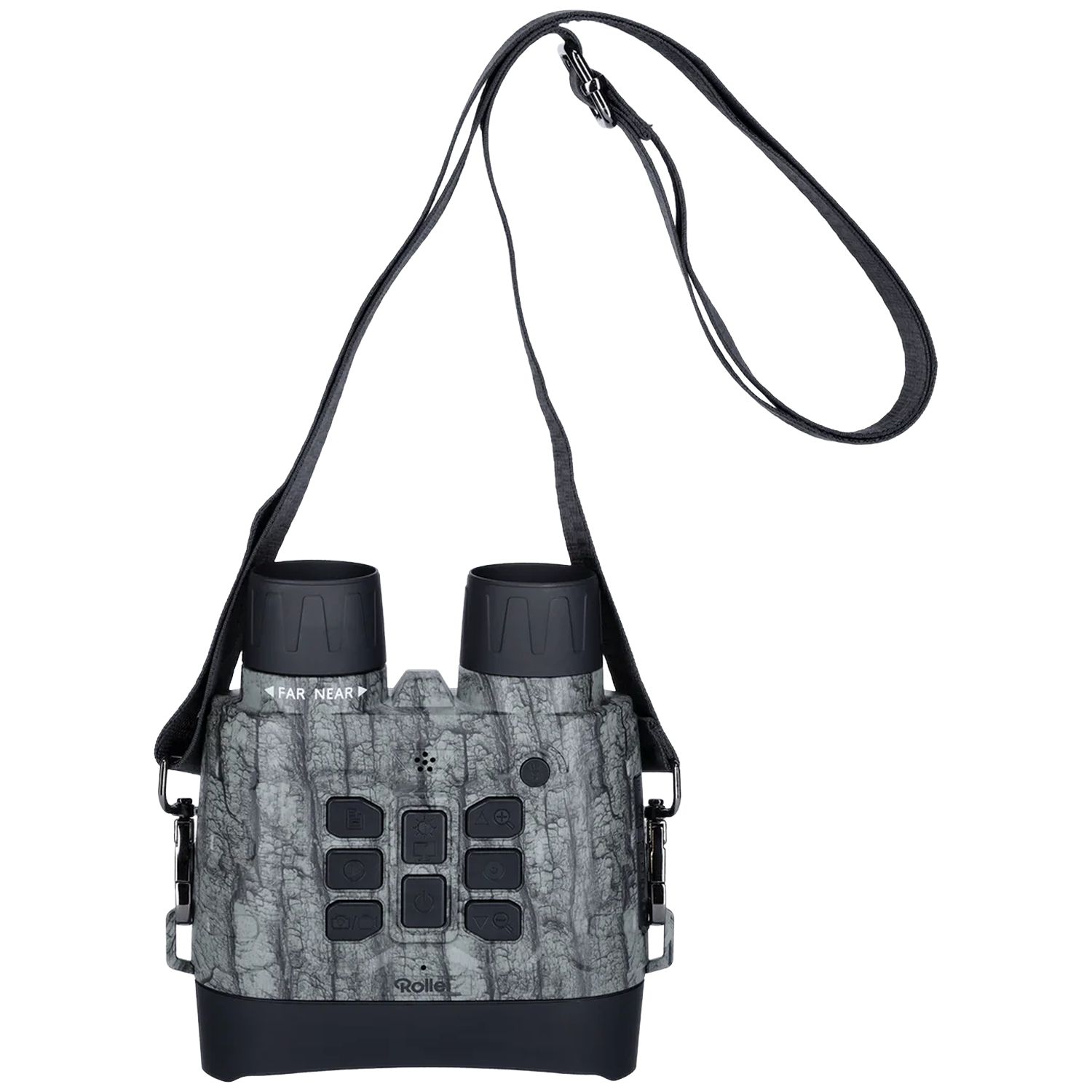 Gray binoculars with a strap and black base, featuring numerous buttons.